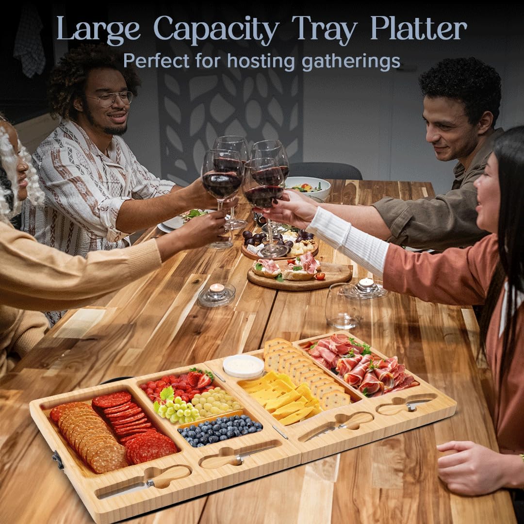 Charcuterie Board - Large Bamboo Cheese Board with Magnetic Knife Set - Wooden Cheese Platter - Foldable Charcuterie Board for House Warming Gifts New Home & Wedding Gifts - Image 5