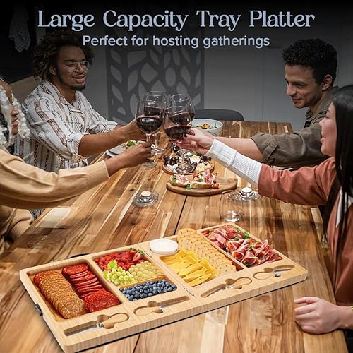 Miniatura 5 de Tabla de charcutería Tabla grande de queso de bambú con juego de cuchillos magnéticos Plato de queso de madera Tabla de charcutería plegable para