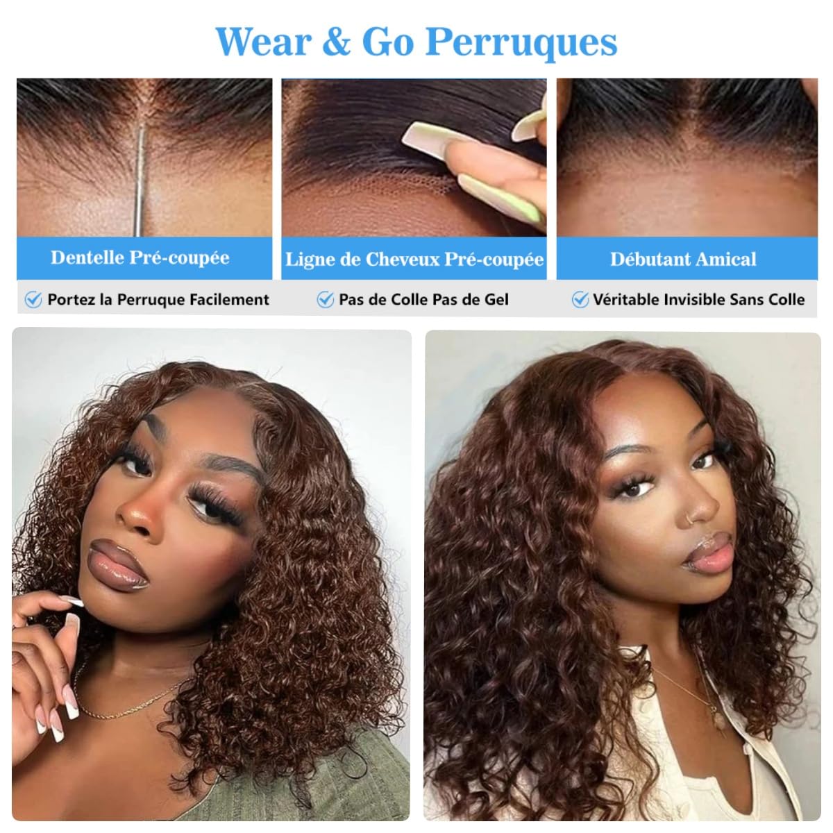 Perruque Femme Naturelle Pre Cut Sans Colle 4x4 Lace Wear to Go Chocolate Brown Bresilienne Bouclée Cheveux Humain Pre Plucked Deep Curly 12 Pouce Glueless Lace Bob Wig