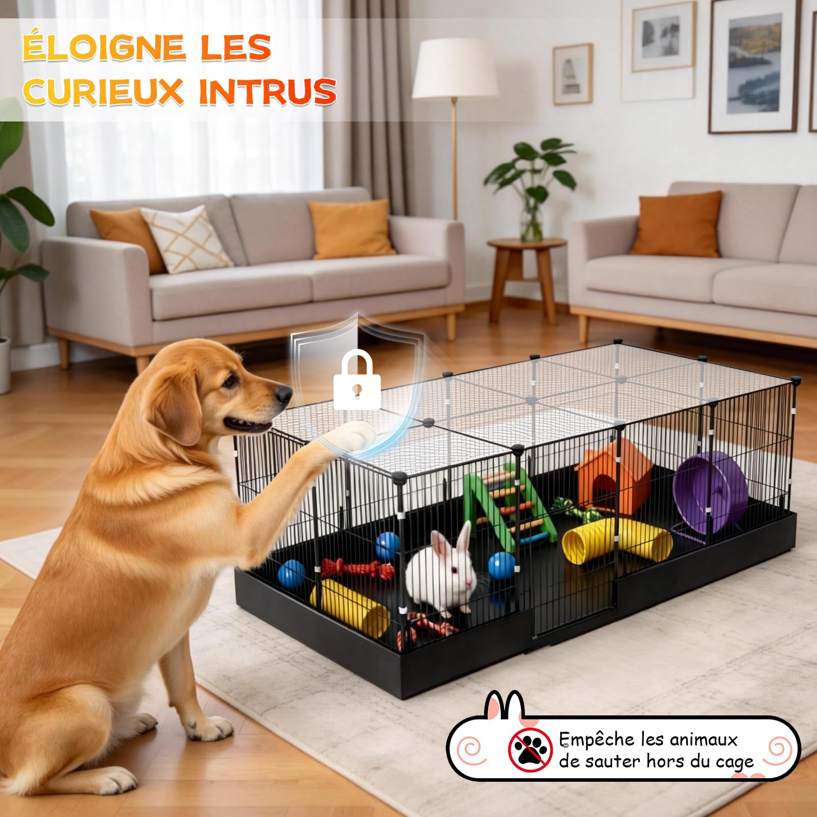 Enclos Lapin Interieur, Parc Lapin Enclos Cochon D'inde avec Couvercle et Revêtement de Sol Imperméable Cage pour Petits Animaux avec Triple Mesures de Sécurité Crochets en Un Clic,122CM x 60CM x 40CM
