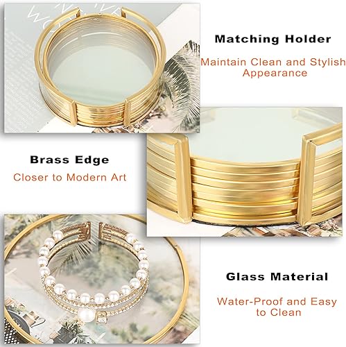 Miniatura 4 de JUXYES Juego de 8 posavasos redondos de vidrio con soporte, posavasos de latón dorado para bebidas, juego de posavasos modernos para decoración de