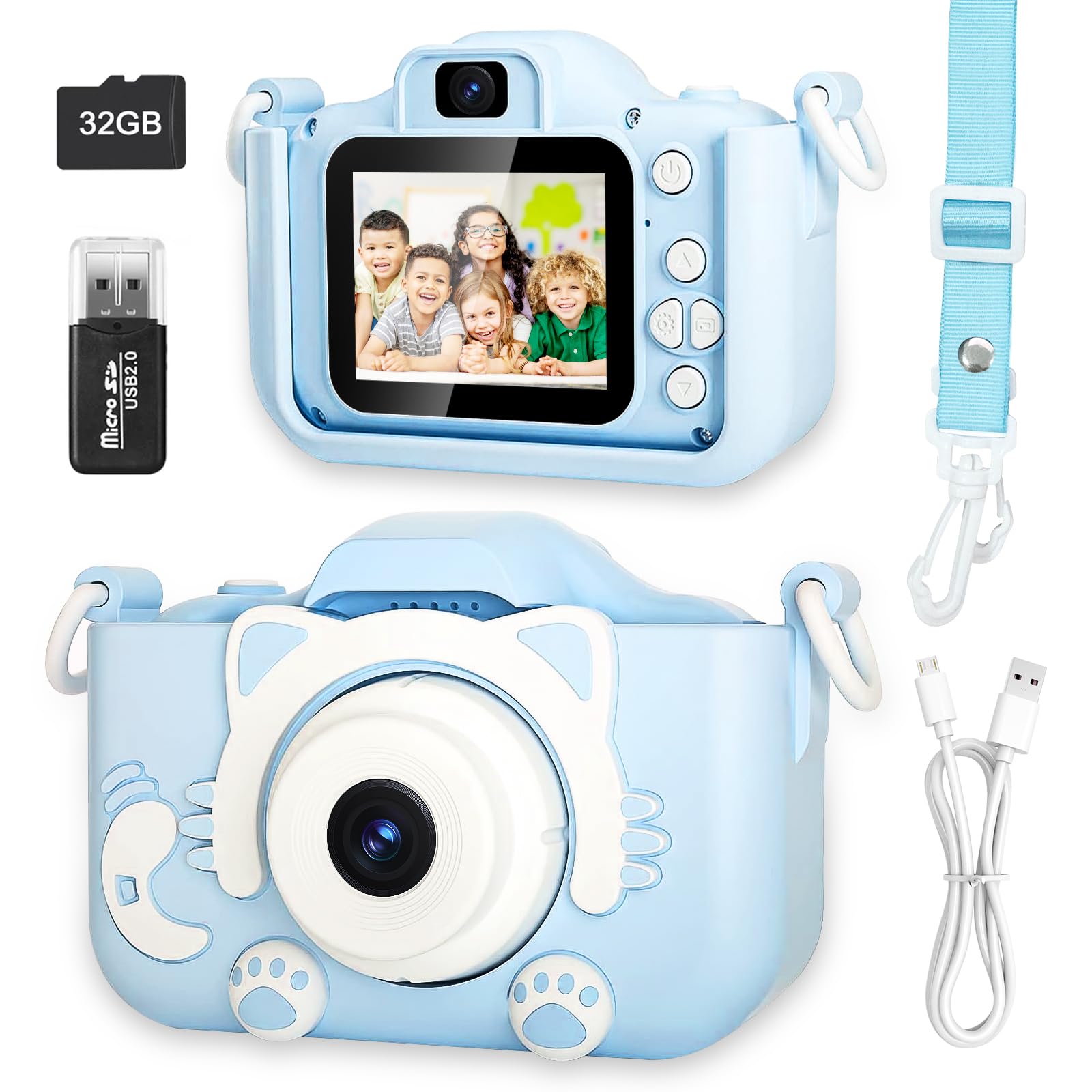 Kids Camera for Girls, Ages 3-12, Children's Digital Camera with Dual Lens, 32GB SD Card, Silicone Case, 2.0 Inch IPS Screen, 1080P HD Video - Ideal Toddler Toy Gift for Christmas Birthdays (Blue)