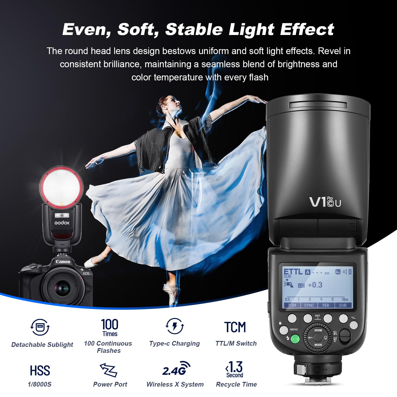 Godox V1 PRO C V1Pro-C USA Version TTL Round Head Camera Flash with External SU-1 2980mAh 76W Battery E-TTL 1/8000s HSS 1.3s Recycle Time 2.4G Wireless 100 Continuous Shots Flashes for Canon Camera