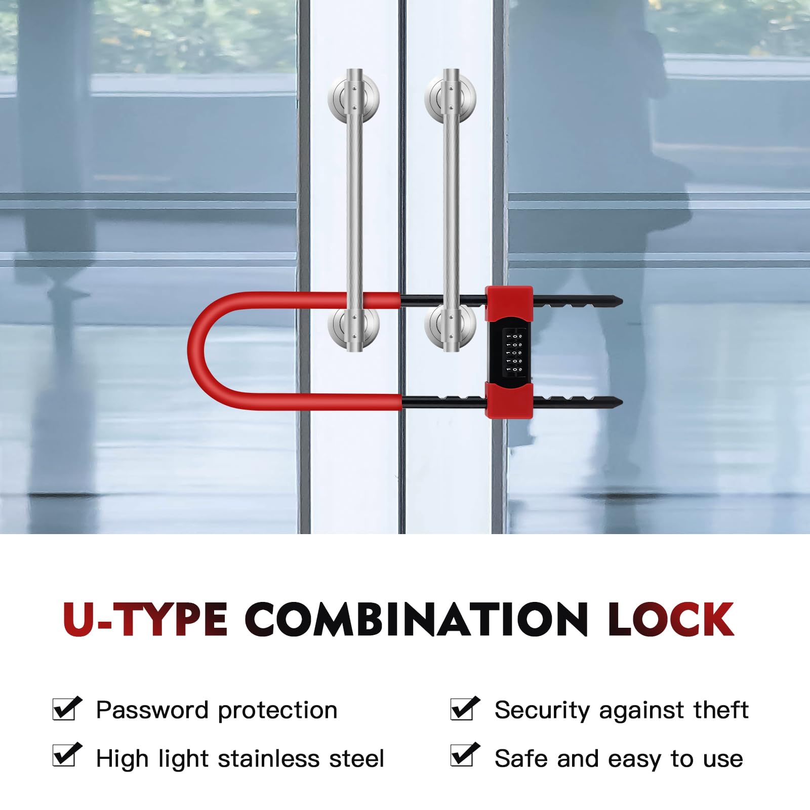 U-Lock Zamek szyfrowy z długim uchwytem z pięciocyfrowym kodem, zapięcie na rower, rower elektryczny, MTB, szklane drzwi (U4)
