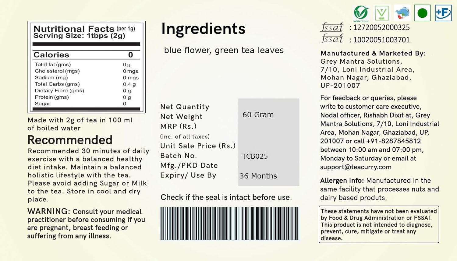 Buy Now Teacurry Blue Green Tea(30 Tea Bags) Helps With Weight Loss,...