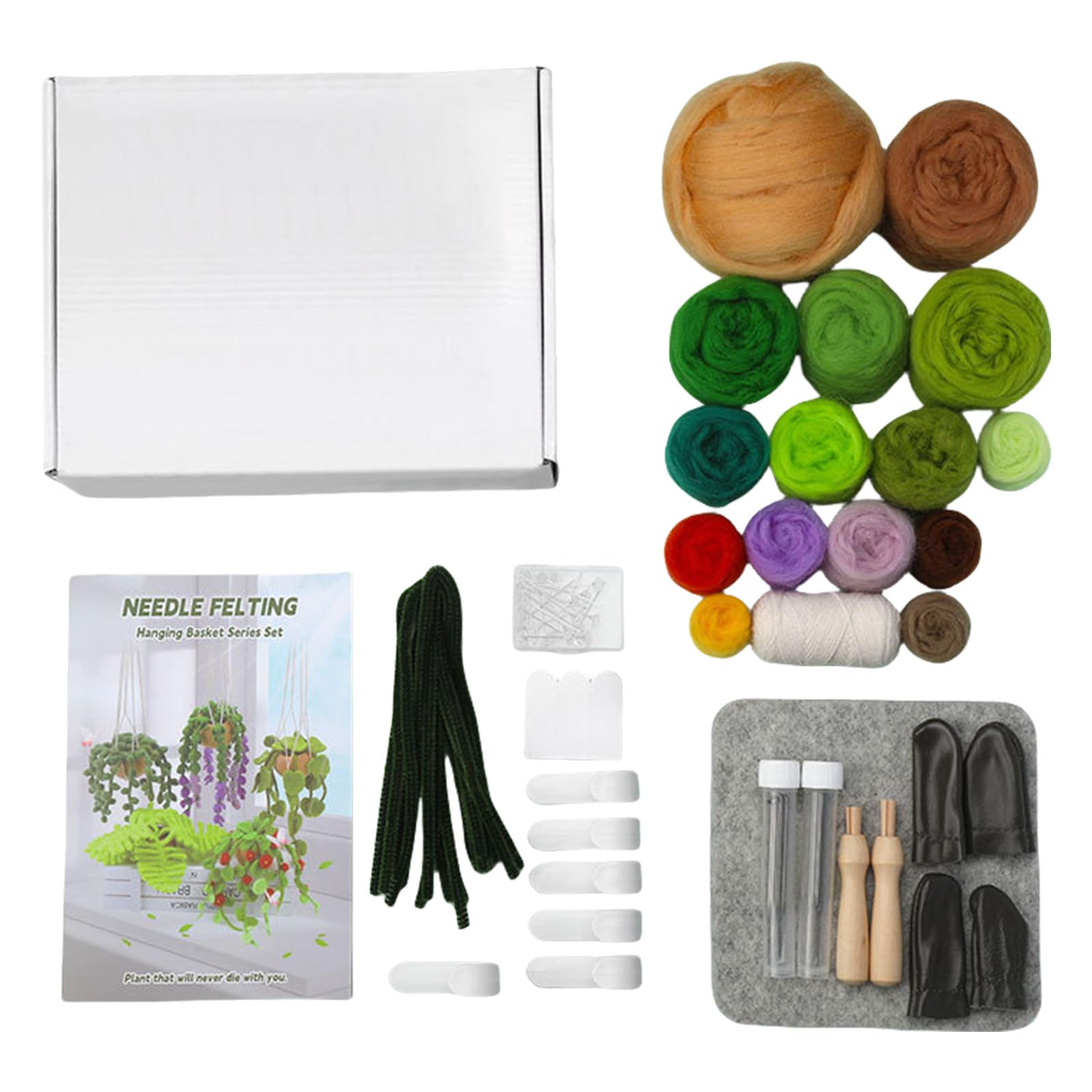 TFAOYS Hanging Potted Plant Needle Wool Felting Tool with Needle Instruction Wool Roving Wood Handle and Finger Cots Parent Child Activity