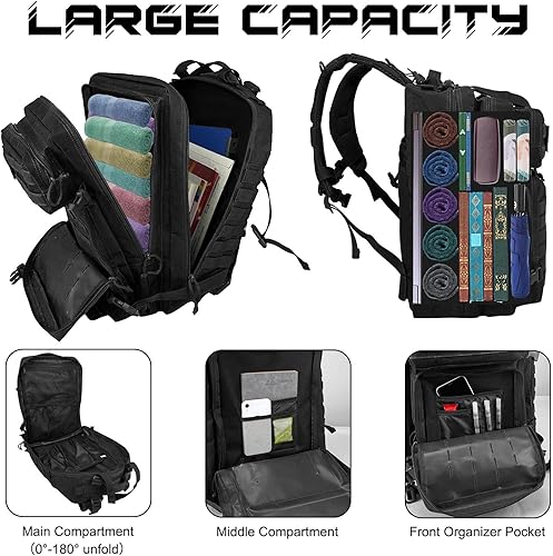 Vista 4 de WOLT - Mochila táctica militar para hombre de 45L, mochila Molle, paquete de asalto de 3 días, mochila de emergencia, mochila resistente para Negro