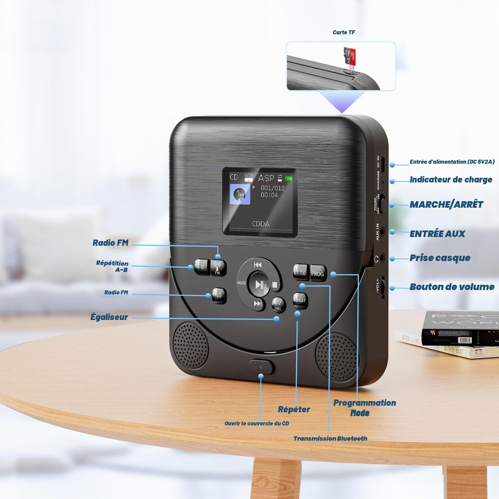 Lecteur CD Portable Bluetooth FELEMAN avec Haut-parleurs, Écran, Rechargeable, Émetteur FM, Noir
