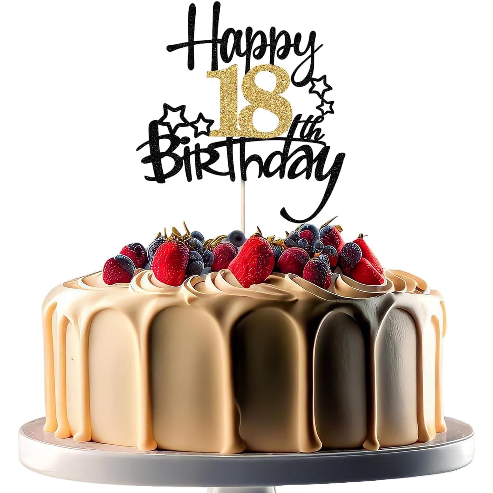 XINCHENG 1Pcs Birthday Cake Toppers, Black and Gold Glitter Cake Decorations, Happy 18th Birthday Cake Toppers for Men and women Themed Party