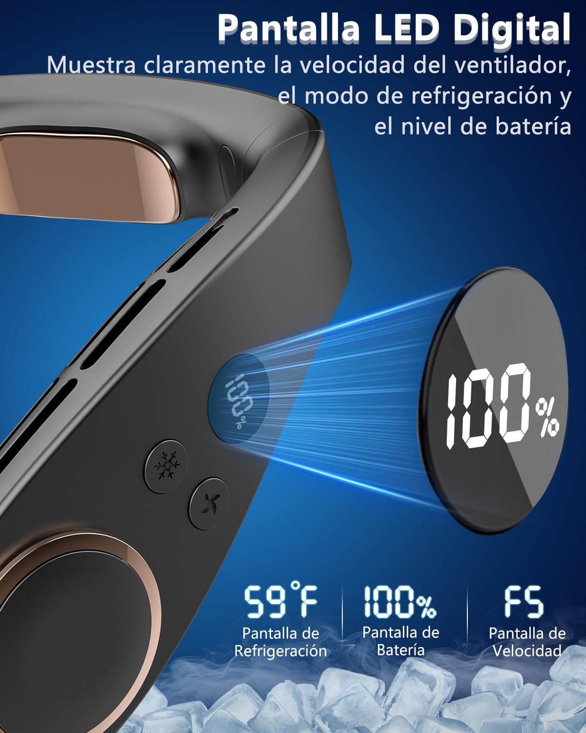 Kouric Ventilador de Cuello con Aire acondicionado Silencioso,5 Velocidades,5500mAh,Pantalla LED para Batería y Velocidad,Hasta 24 Horas,Portatil para Viajes, Oficina, Deportes y Exteriores-Negro