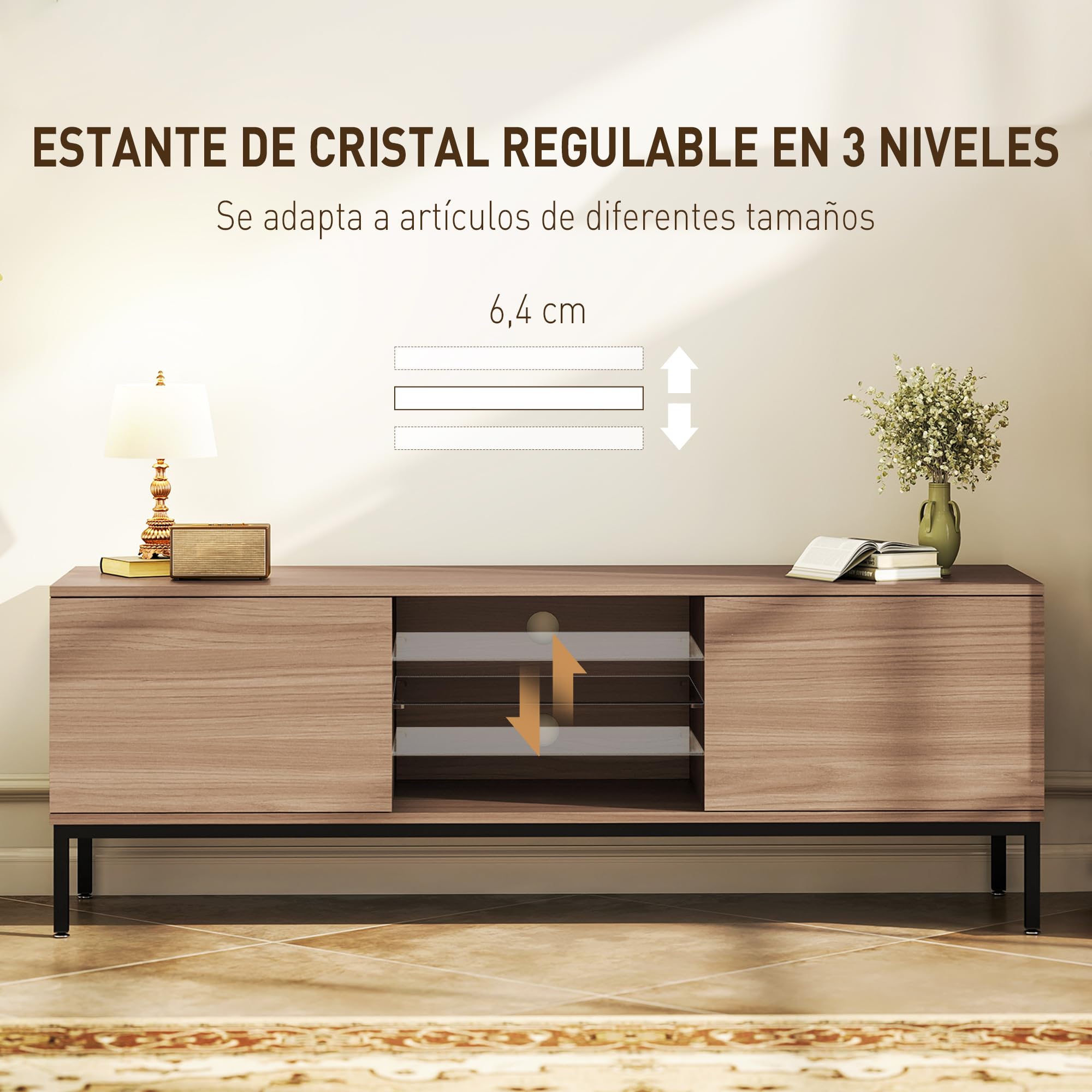 HOMCOM Mueble de TV Moderno Mueble de TV para Salón con 2 Compartimentos Abiertos 2 Puertas Estante de Cristal Ajustable y 2 Orificios para Cables para Televisión hasta 60 Pulgadas 140x40x49,5 cm Gris
