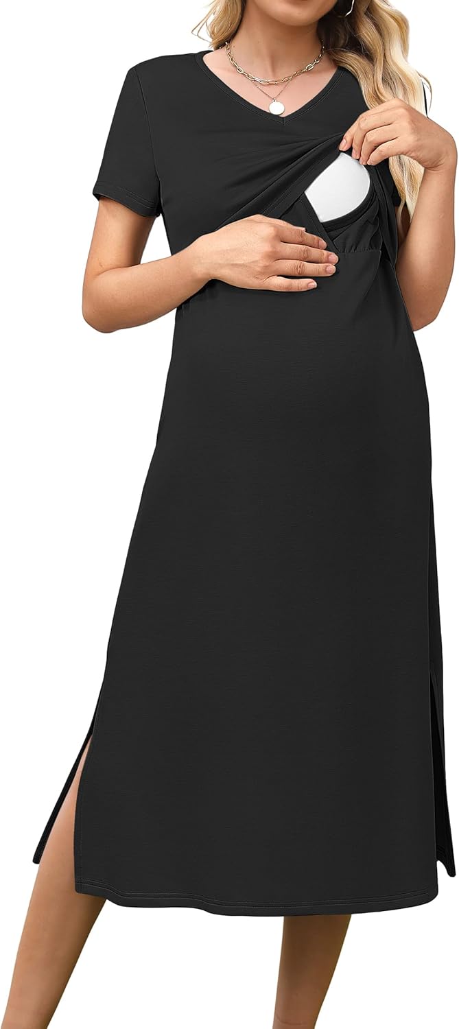 OUGES Womens 2025 Summer Short Sleeve Maternity Nursing Dress V Neck Breastfeeding Split Pregnancy Clothes with Pockets