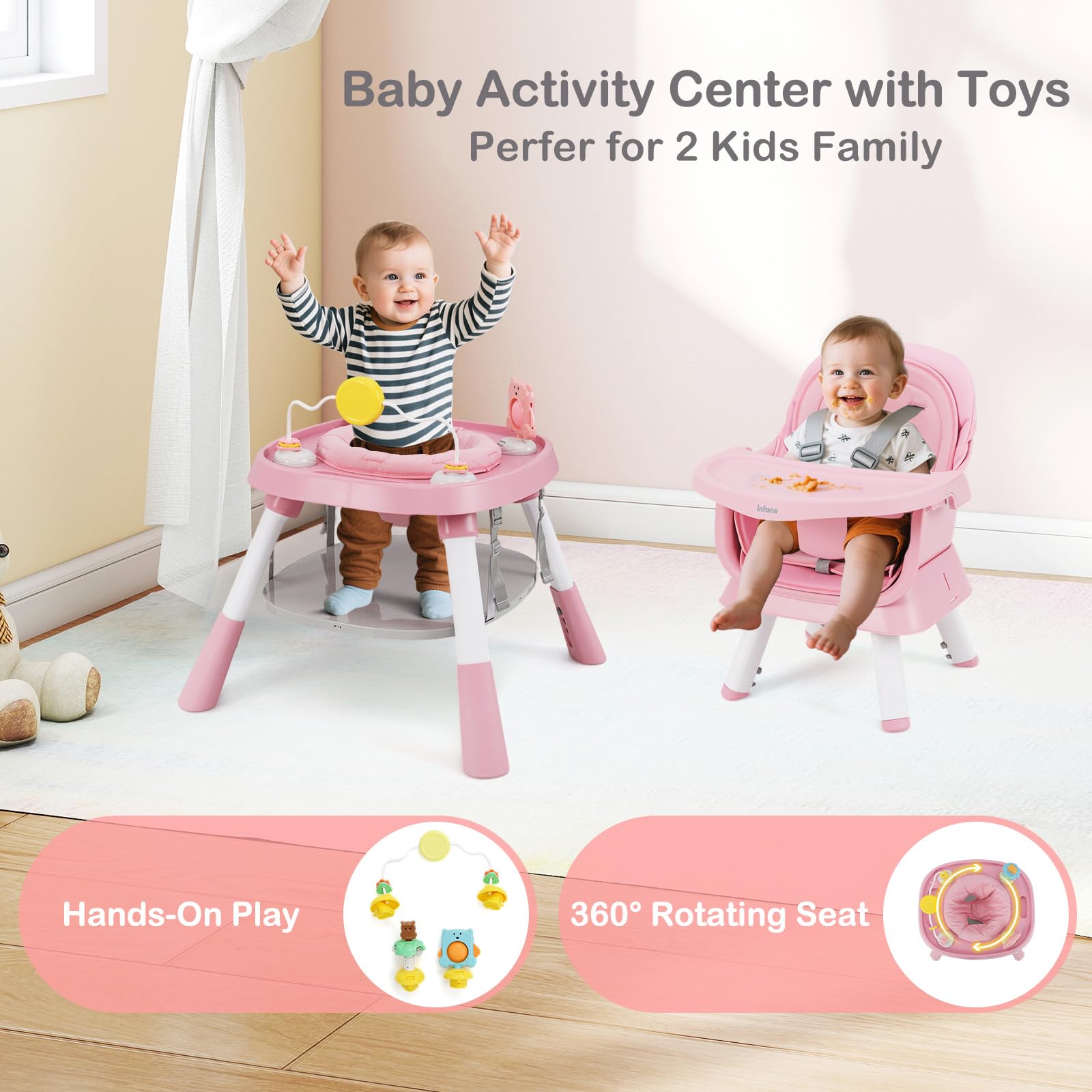 INFANS 9 in 1 High Chair, Convertible Baby Highchair for Babies and Toddlers, Table and Chair Set Building Block Infant Dining Booster Seat, Kids Stool with Activity Children Play Kitchen (Pink)