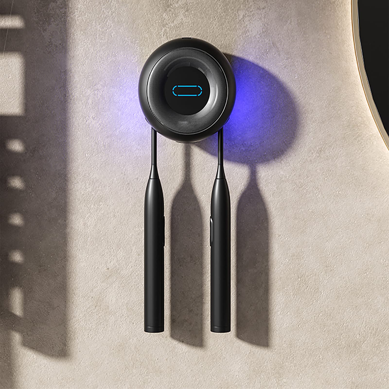 Porta Cepillo de Dientes, Soporte Cepillo de Dientes con Función Esterilizador, Estuche Cepillo Dientes con 2 Ranuras para Cepillos, Pequeño Organizador Baño USB Recargable Negro