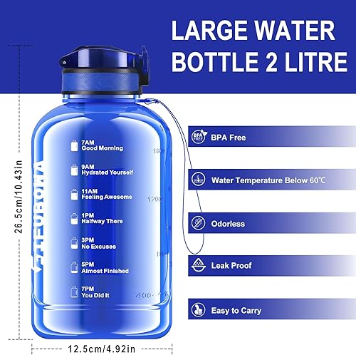 Miniatura 2 de GIFUBOWA Botella de agua de 2L con pajita, botella de medio galón con asa, jarra motivacional para gimnasio, 2 litros con marcador de tiempo