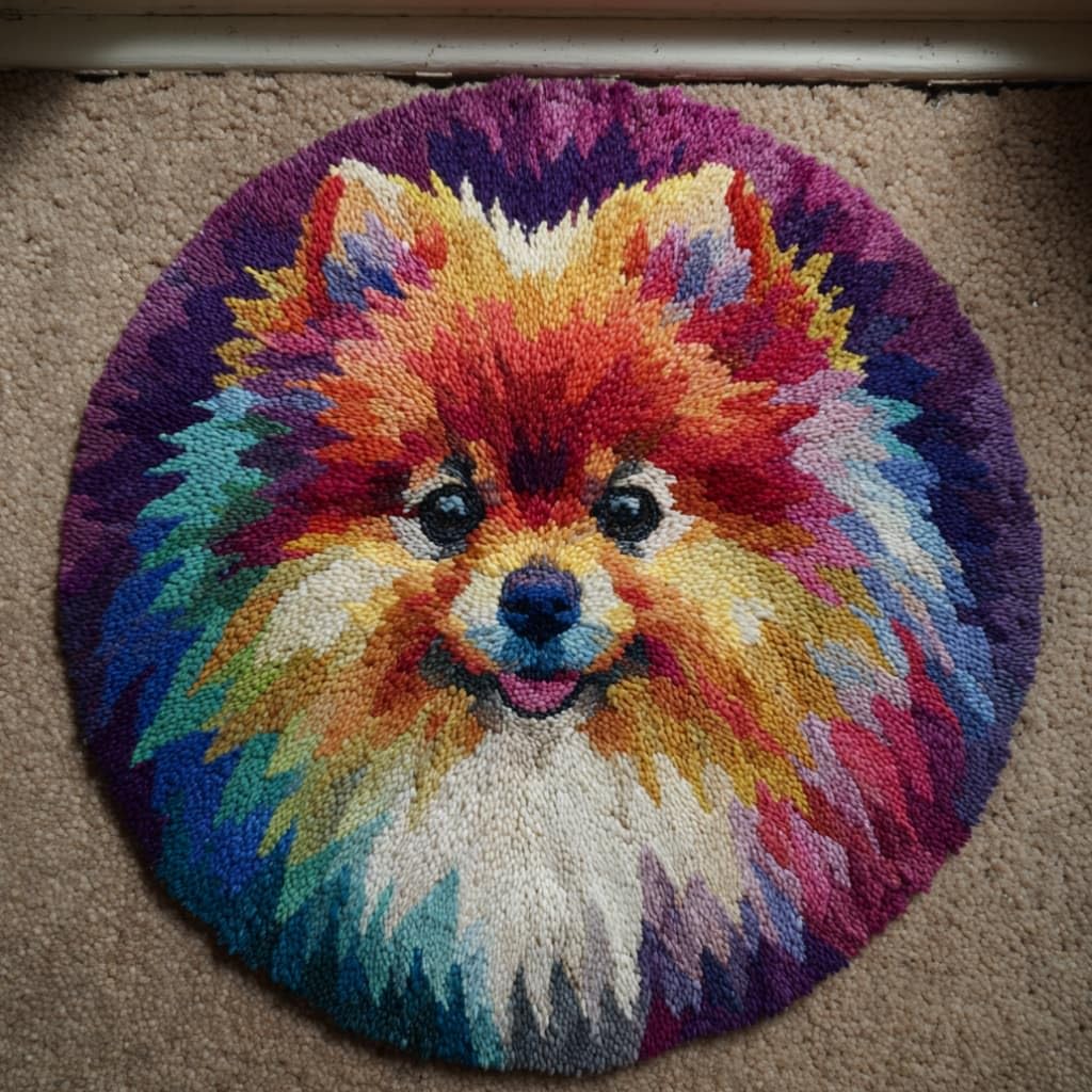 kitphoenix Round DIY Latch Hook Rug Kits Pomeranian 20X20Inch (50X50Cm) Easy for Beginners Round Carpet Crochet Yarn Craft Large Rug Hook and Latch Tapestry for Home Decor