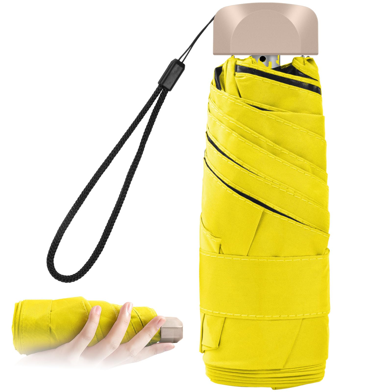 Vicloon Mini Ombrello, Ombrello Tascabile con Manico Dorato Nervature in Lega di Alluminio, Portatile Compatto Pieghevole Viaggio Ombrello, UPF>50+ Ombrello da Sole/Pioggia