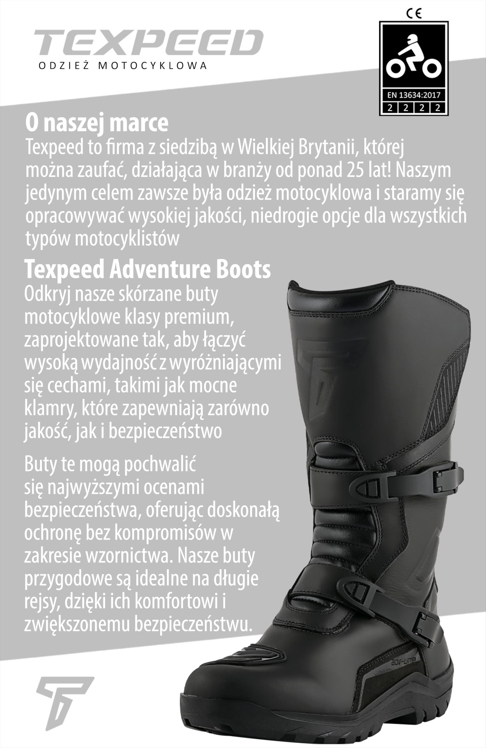 Texpeed - Skórzane buty motocyklowe dla mężczyzn – Adventure – 100% wodoodporne, wysokie, – buty motocyklowe touring/cruiser – Czarne – EU 43