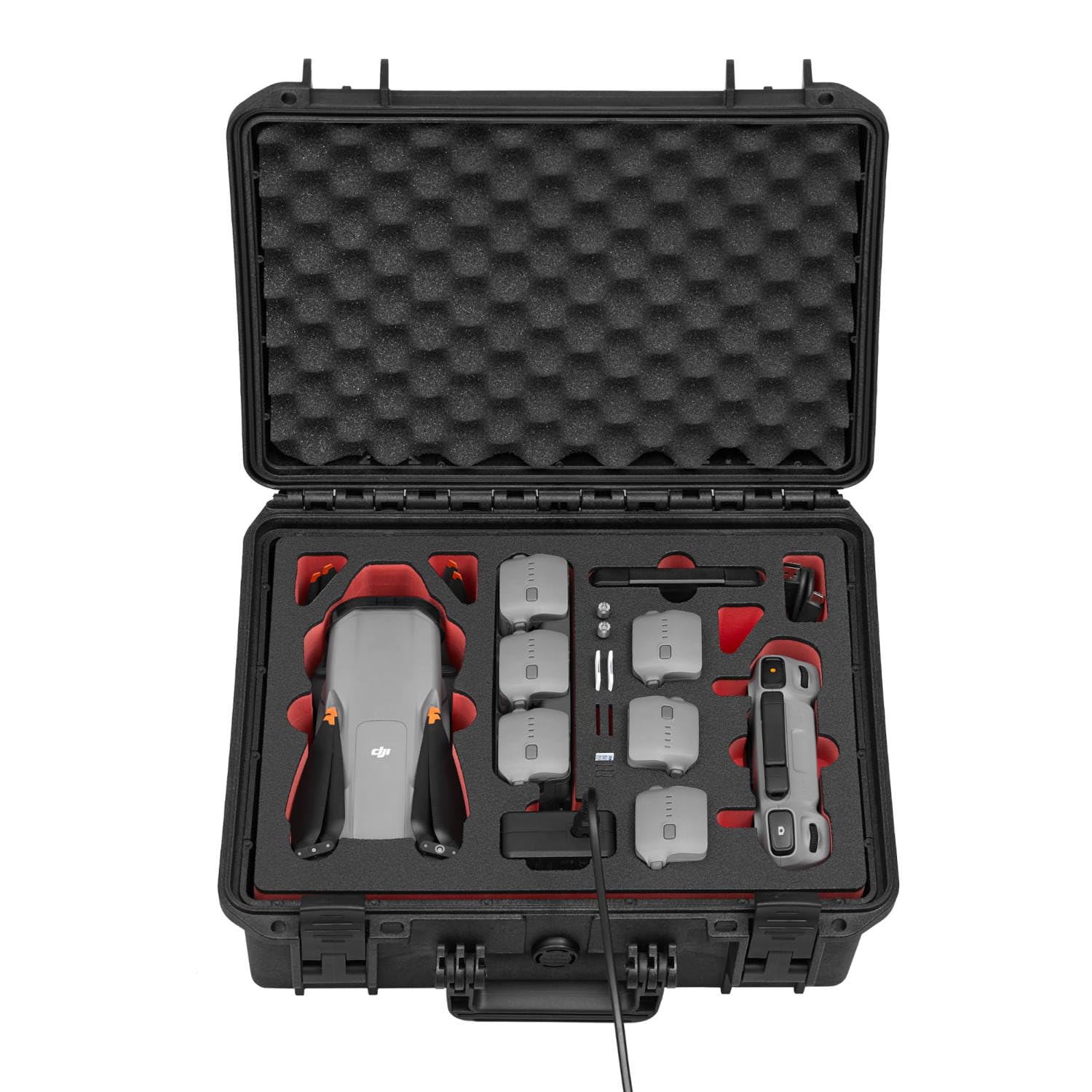 TOMcase Drohnenkoffer „Travel Edition” für DJI Air 3S Fly More Combo, Standard oder DJI RC 2 Controller, Akkus Laden im Koffer, wasserdicht Outdoor Case - deutsches Produkt (Schwarz/Rot-Schwarz)