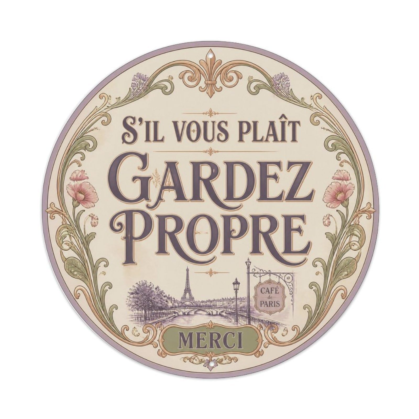 French Merci Keep Clean Restroom Notice Floral Badge Metal Tin Sign