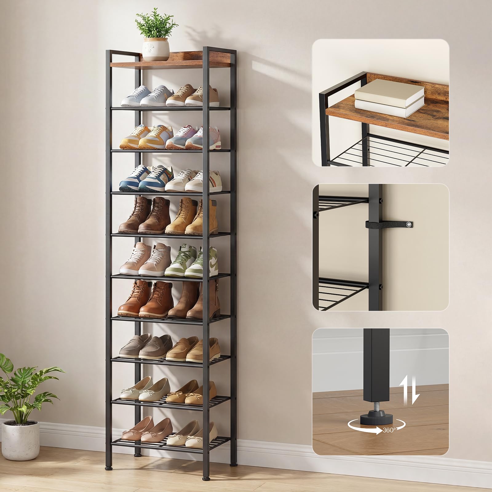 HOOBRO Estantería para Zapatos de 10 Niveles, Zapatero con Baldas Extraíbles, Estante Zapatero Estrecho para Recibidor, Vestíbulo o Sala, Marrón Vintage y Negro EBF11XJ01