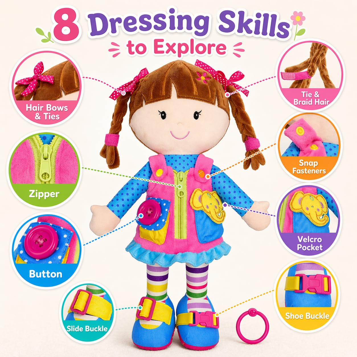 Dressy Friends Belle - Muñeca de peluche educativa para niños y niños pequeños de 18 meses en adelante - Juguete suave con hebilla Montessori de 40 cm