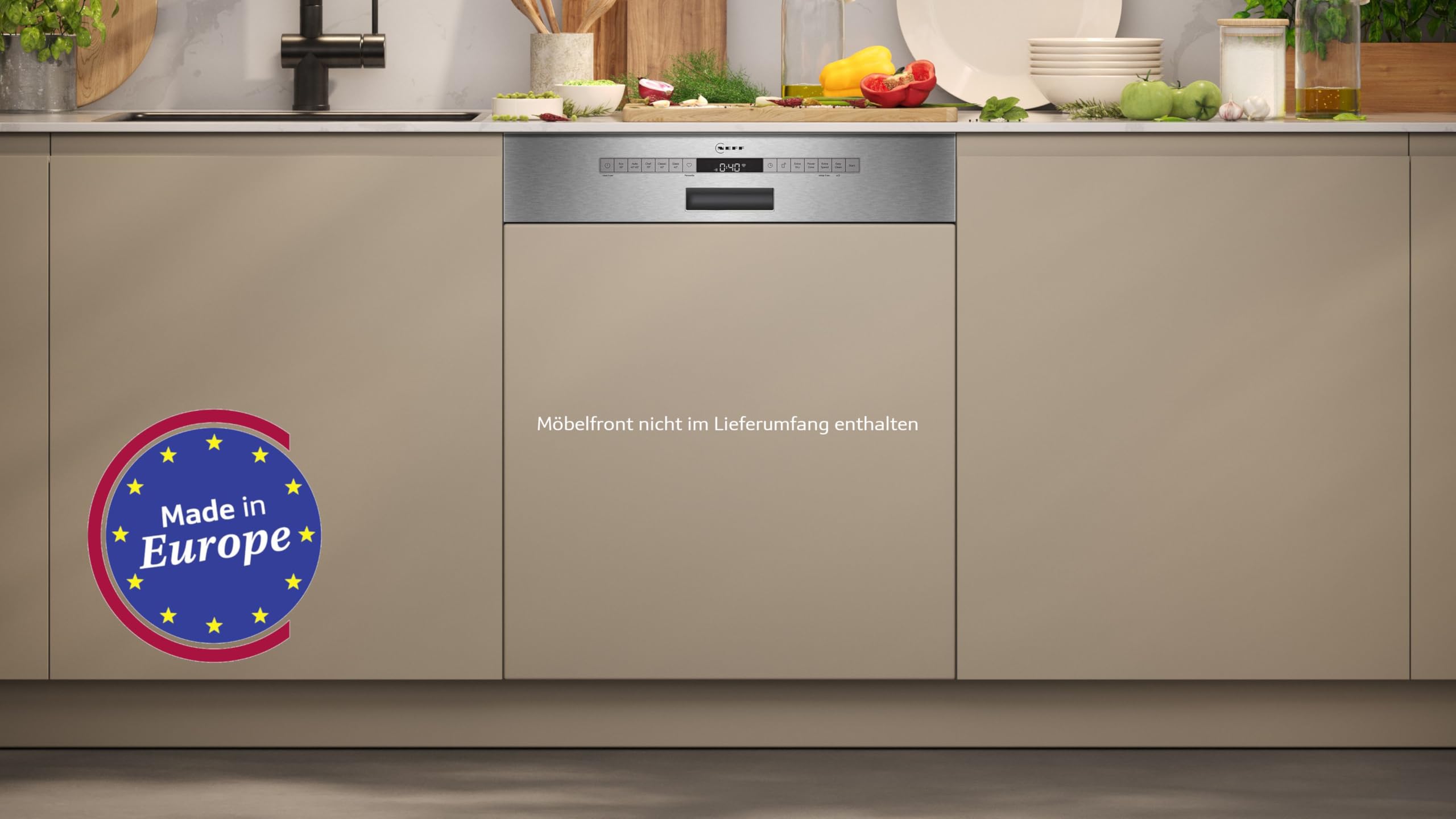 NEFF S145EVS04E, N 50, Smarter Geschirrspüler Teillintegriert, 60 cm, Besteckschublade, Flex II Korbsystem, Favoriten Programm, starke Reinigungsleistung, Open Dry automatische Türöffnung, Edelstahl | Automatisches Öffnen der Türe, Flex Besteckschublade u