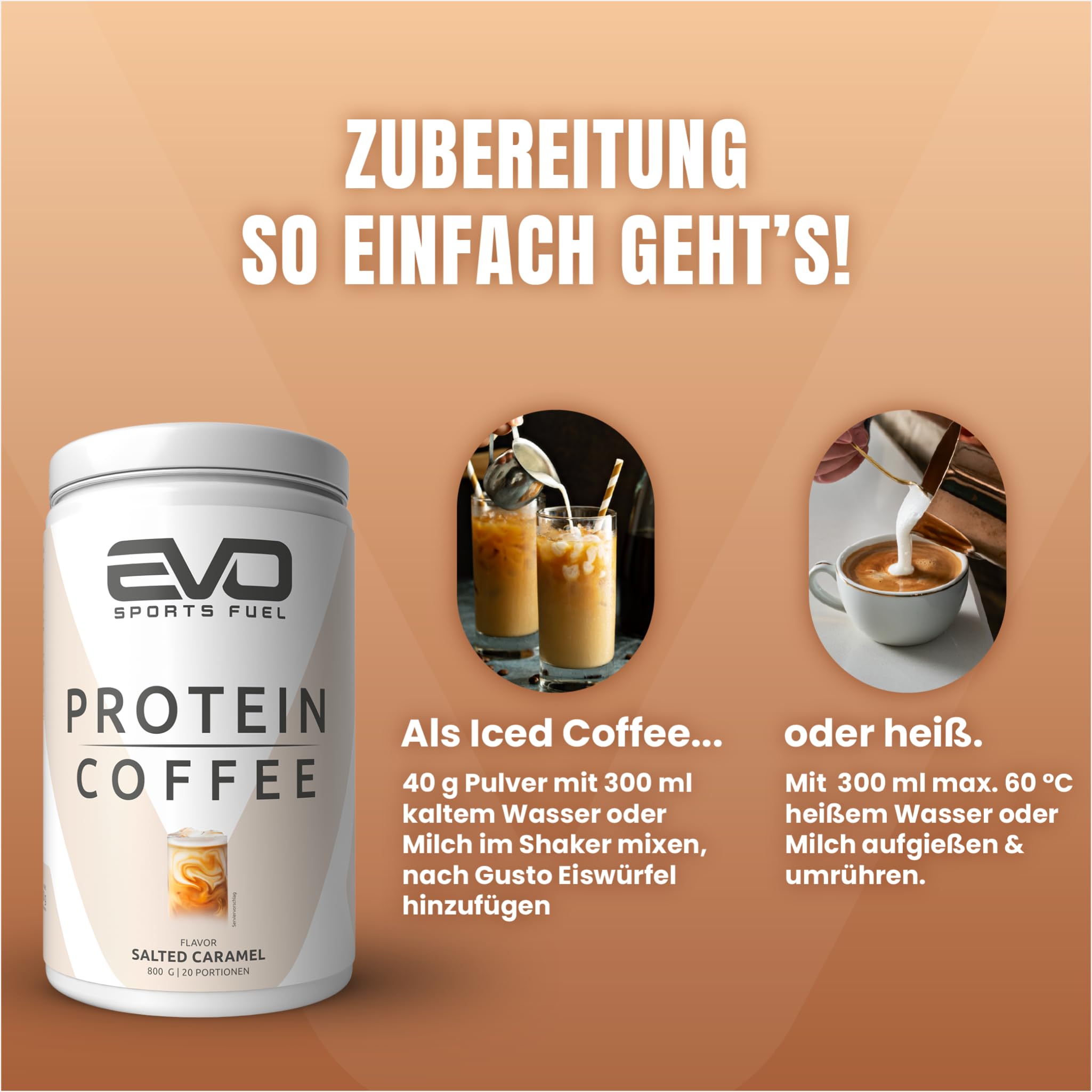 EVO SPORTS FUEL Protein Coffee | Salted Caramel | 800g | Cremiger High Protein-Kaffee mit bis zu 29 g eiweiß pro Portion | Eiskaffee Whey Protein Pulver | geprüfte Qualität-Made in Germany (1er Pack)