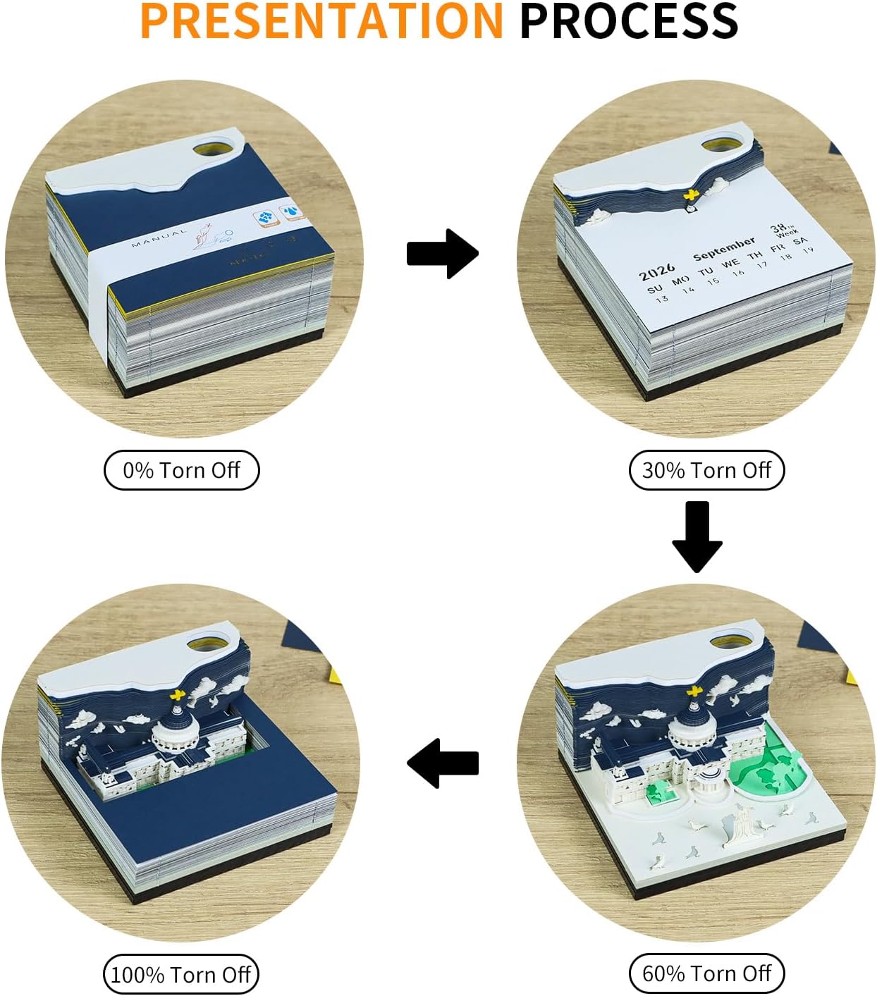 3D Calendar 2026,3D Memo Pad Time Piece Calendar 2026,St. Paul's Cathedral Creative Tear Away Paper Carving Art Desk Notepad