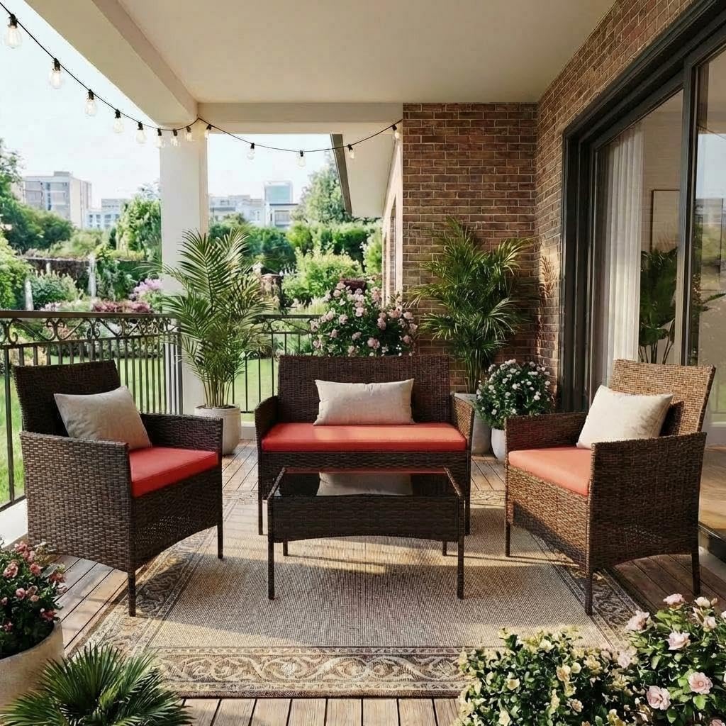 GarveeHome Modern 4-Person Outdoor Bistro Set with Tempered Glass Table – Weather-Resistant PE Rattan & Iron Frame Patio Furniture, Thick Red & Brown Polyester Cushions for Garden, Balcony, Deck