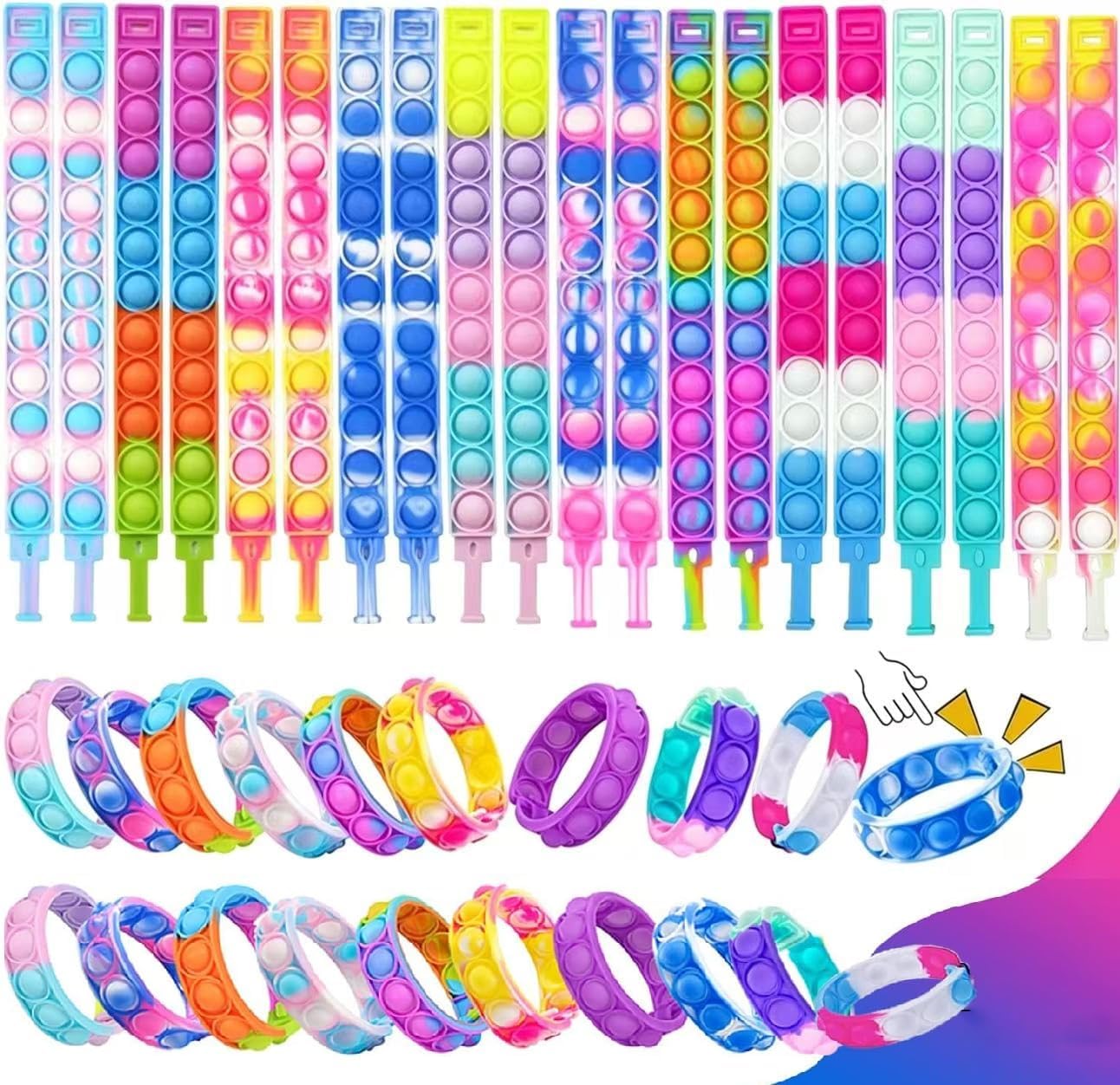 Amyang 90Pcs Pop Bracelet Fidget Toys,Bubble Bracelets,Stress Anxiety Relief Sensory Toys for Kids Adults ADHD ADD Autism,Classroom Exchange Gifts Party Favor Game Prizes