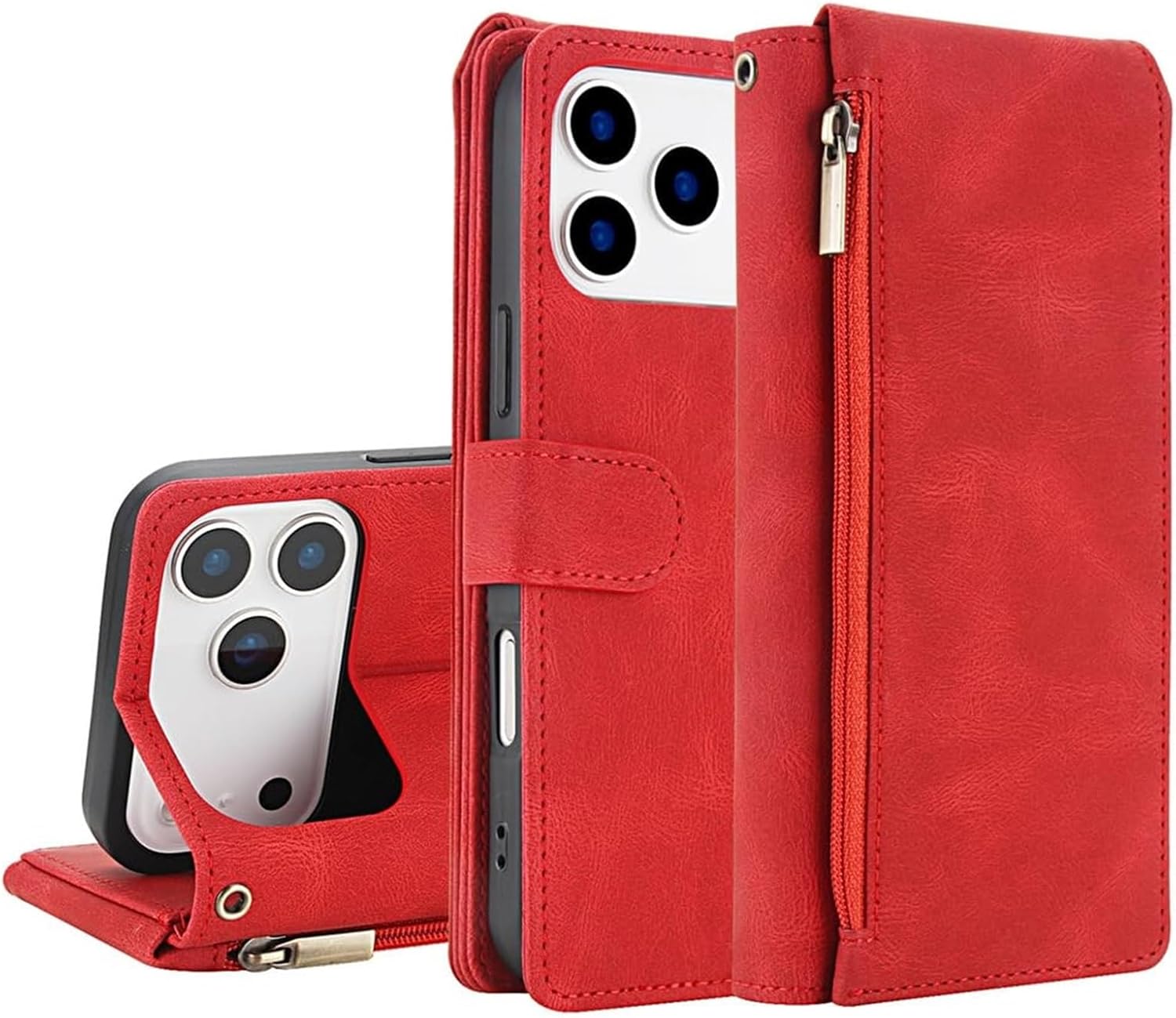 Leather Frosted Wallet Folio Case for iPhone 17/17 Air/17 Pro/17 Pro Max, Slim Stand Cover with Detachable Wristband & Soft Edge(Orange,17 Pro)