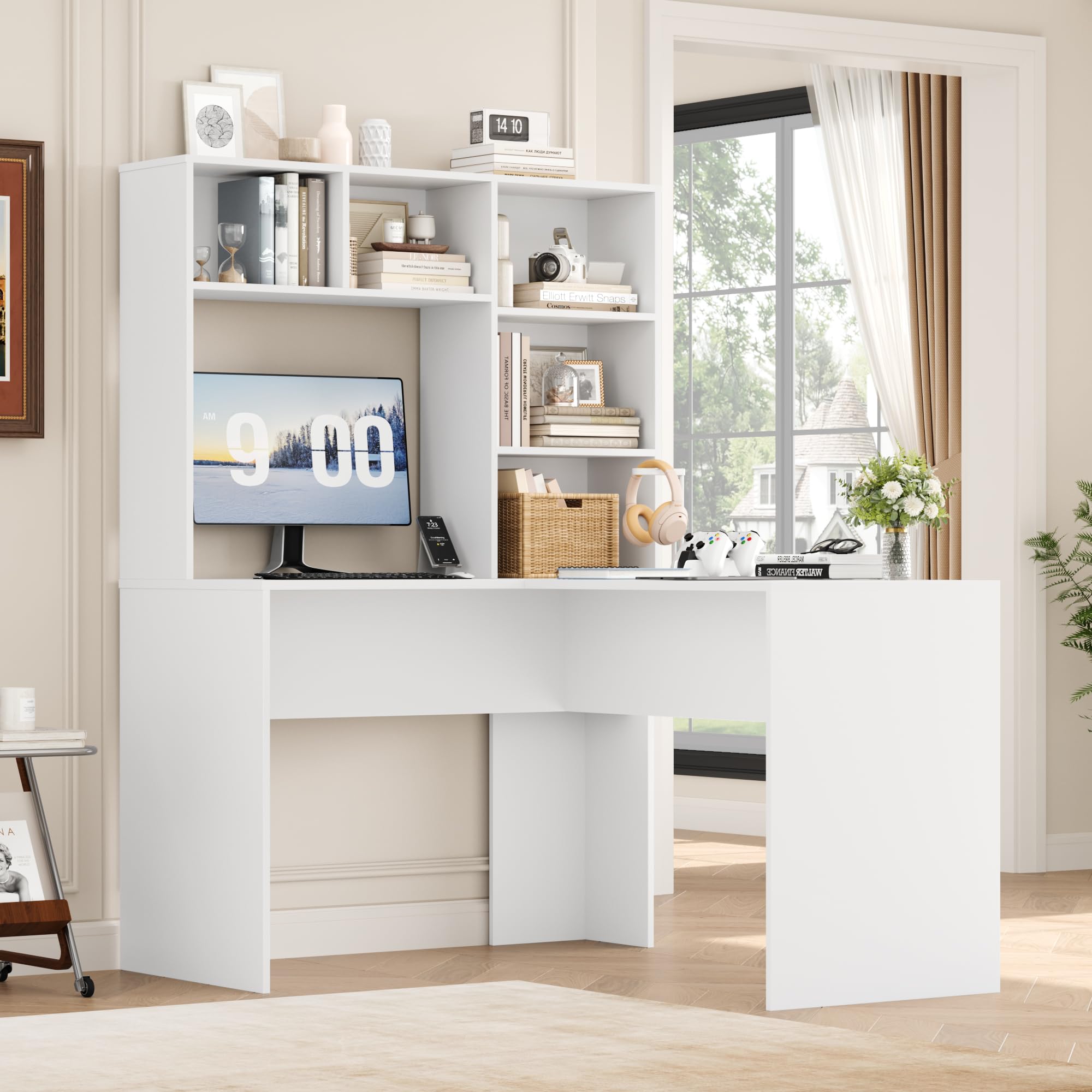 FirFurd Scrivania Angolare con Libreria, 2 Prese AC e 2 Porte USB, Scrivania per Computer ad Angolo a Forma di L, Scrivania ad Angolo per PC con Ripiani in Legno per Ufficio e Casa 108x125x153 cm