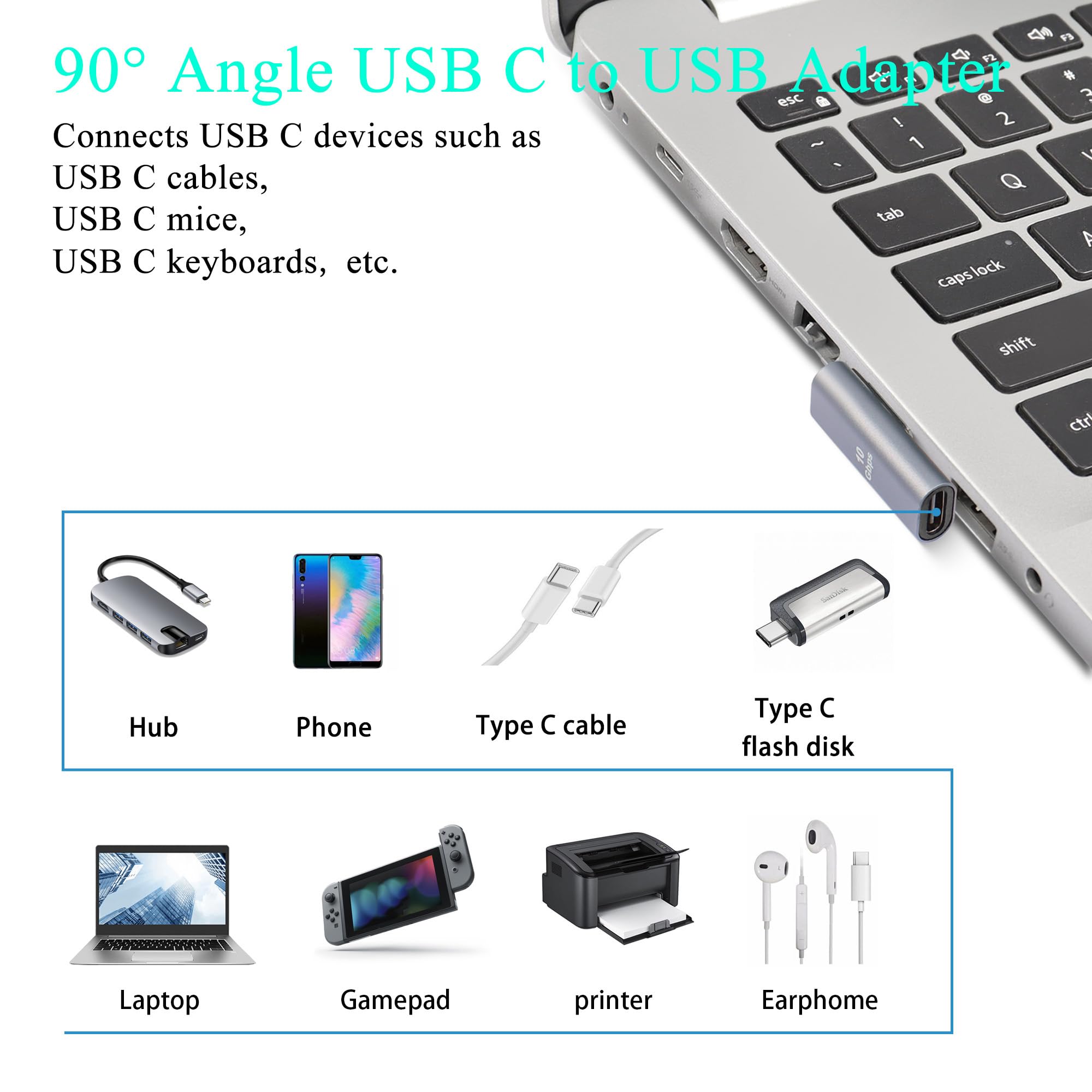 Adattatore USB 3.1 A USB-C 90° Angolo Sinistro, 10Gbps, 2 Pezzi, Lega Alluminio