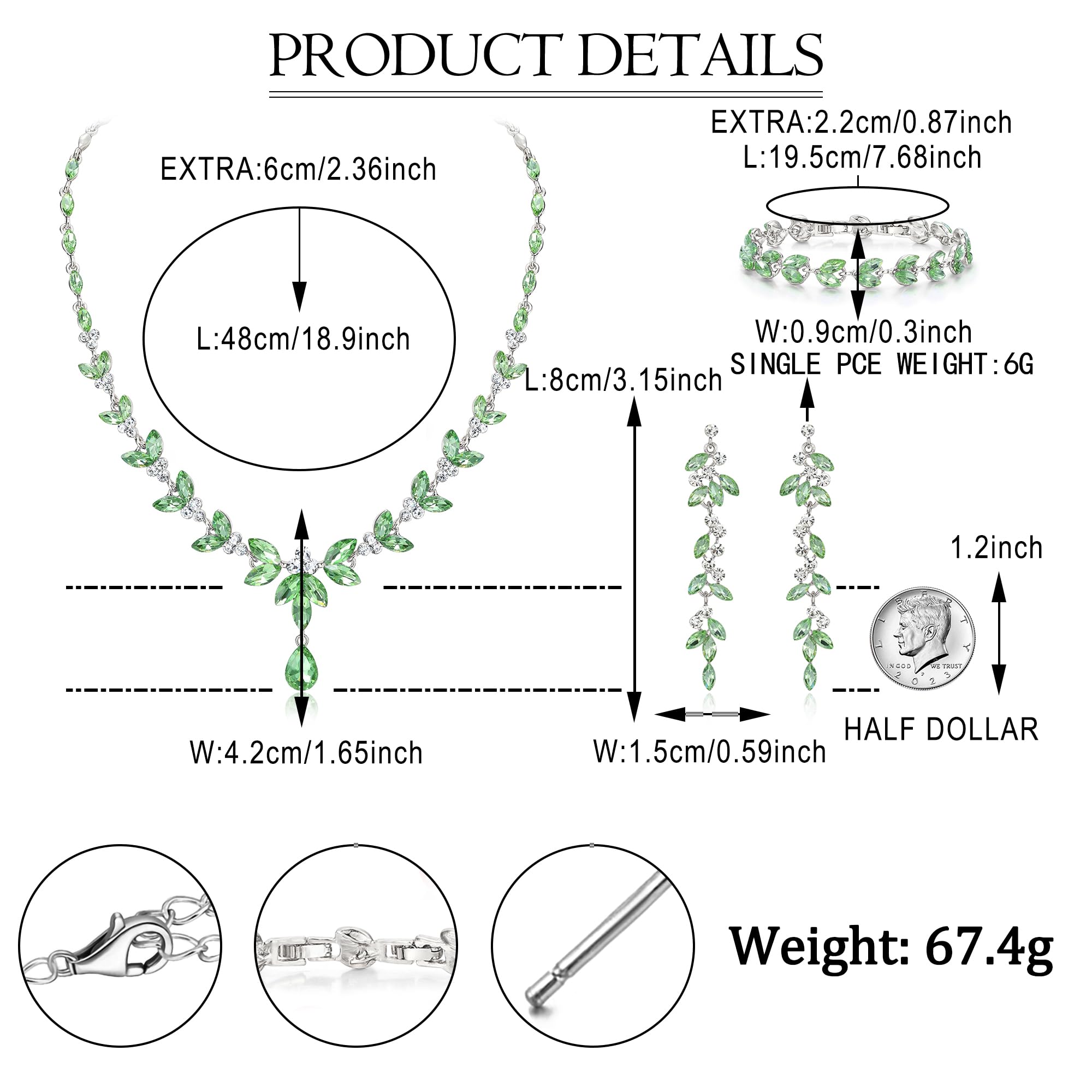 EVER FAITH Parure Bijoux Femme Mariage Mariée en Cristal Autrichien Élégant Collier Boucles d'Oreilles Pendantes et Bracelets 3PCS Ensemble Marquise Avec Feuilles De Strass Clair Ton d'argent