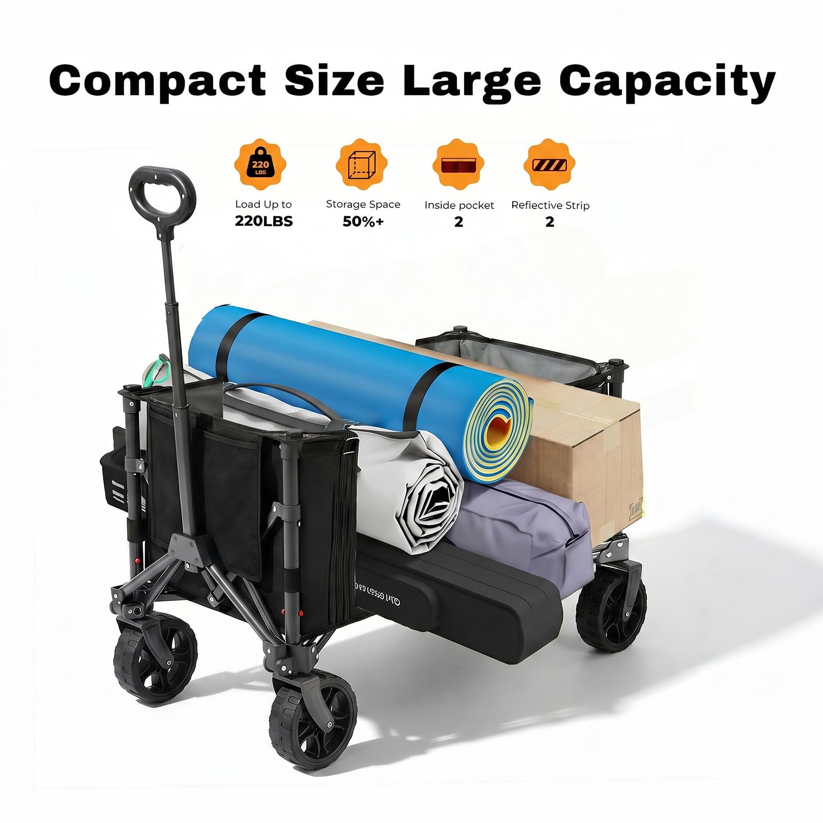 Overmont Carrello Pieghevole 3 in 1-120 L Grande Capacità, Portata fino a 100 kg - Carrello con Ruote Tutto Terreno, Leggero e Compatto - per Campeggio, Spiaggia, Giardino, Shopping e Sport