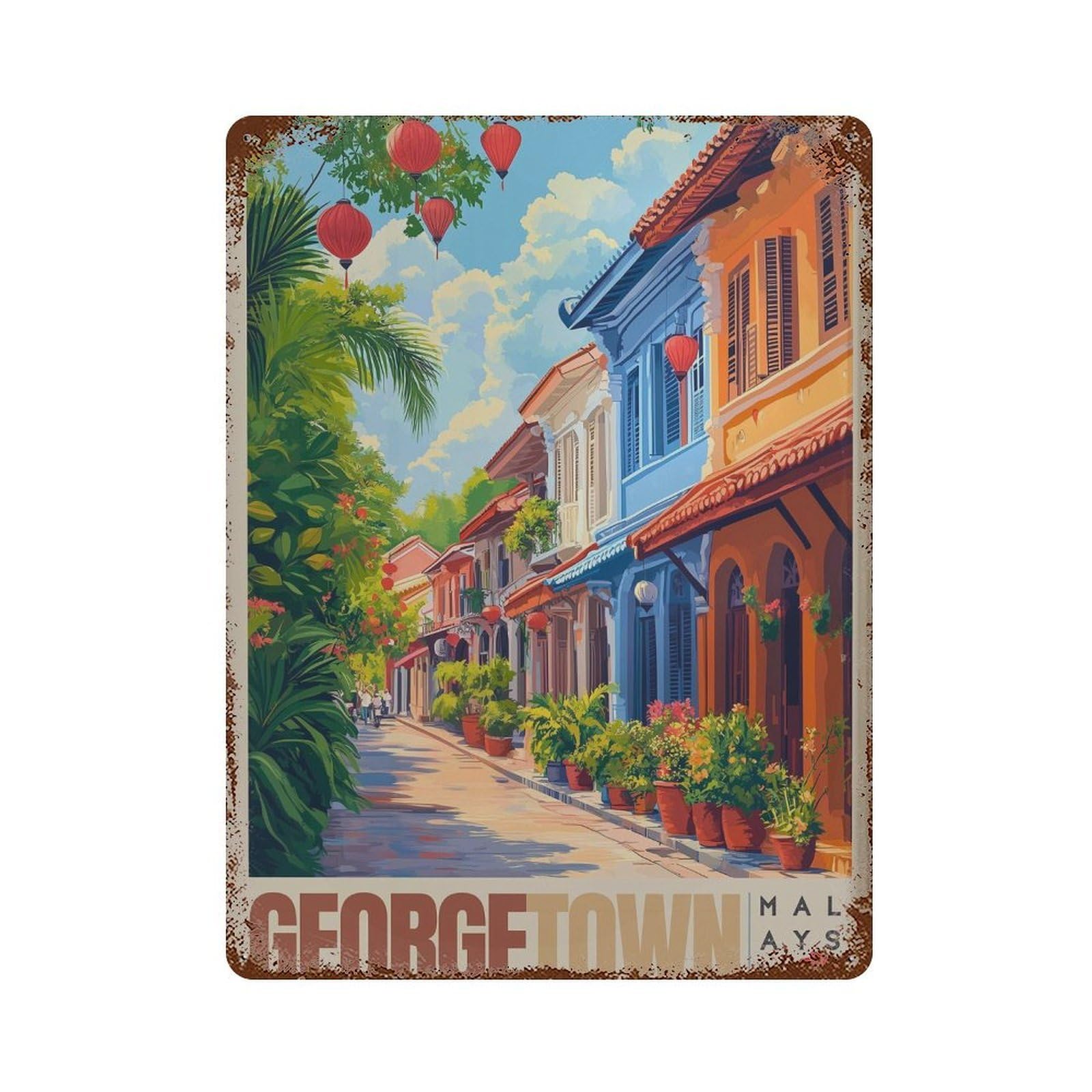 xiaoxiaoshen George Town Malaysia Travel Penang Heritage Colourful Street Decor Wall Decor Art Metal Tin Poster Modern Home Decor Art Home Bar Shop Decorations Vintage Sign 40x30cm
