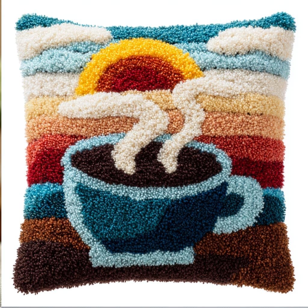 Latch Hook Pillow Kit For Adults,Coffee Cup 17X17In Latch Hook Kit For Pillow Cover With Instruction For Beginner Cross Stitch Sofa Cushion Cover With Crochet Yarn For Beginners And Home Decor
