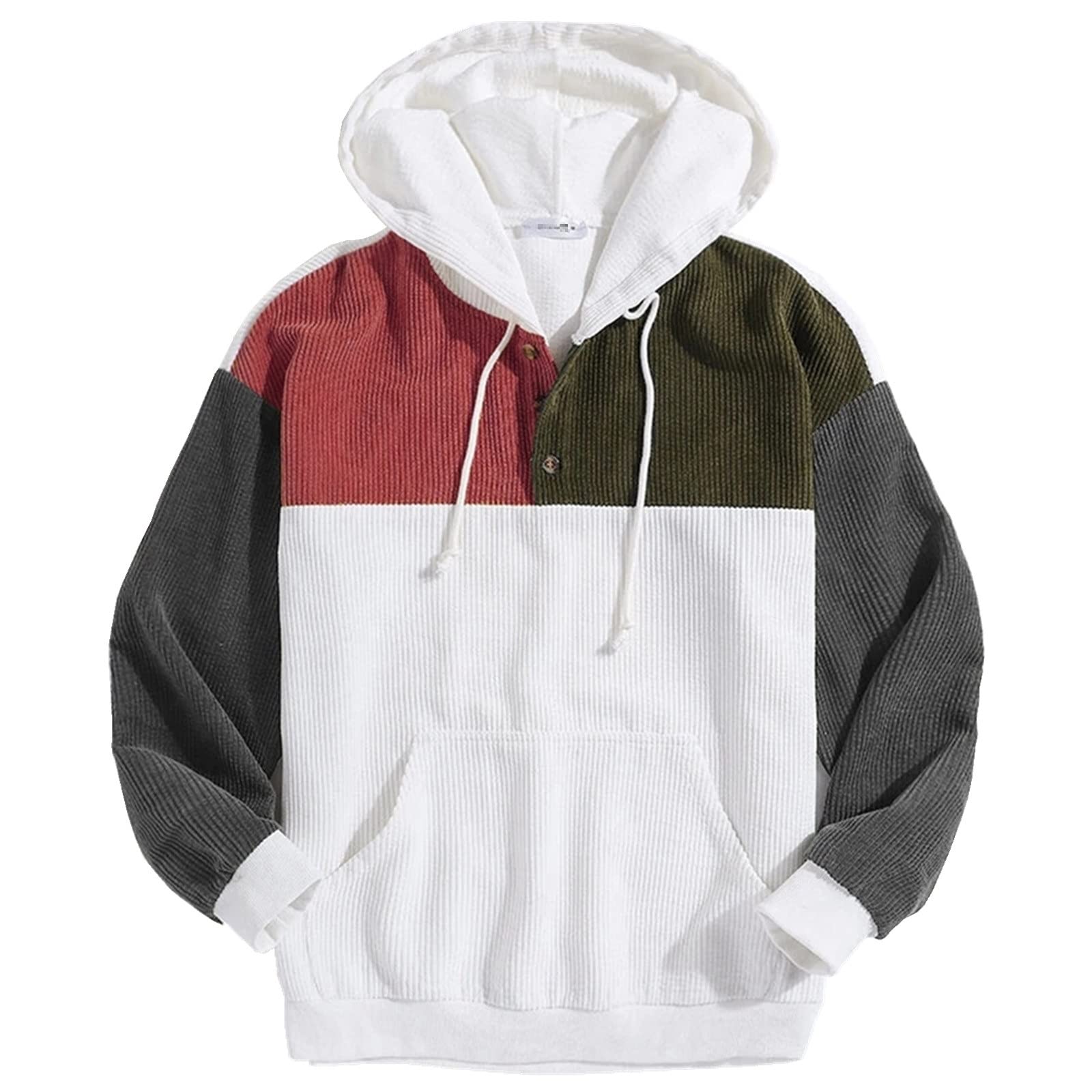KIRFIZ Sweatshirts Mens Loose Fit Hoodies Mens Corduroy Patchwork Half  Button Pouch Pocket Drawstring Hoodies (Color Red, Size XXL)