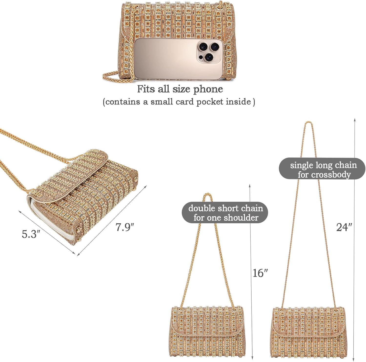 BBTT.ful Shoulder Bags Crossbody Bag Purses Handbags Crystals Rhinestone Evening Bag for Women Clutch Purse with Chain
