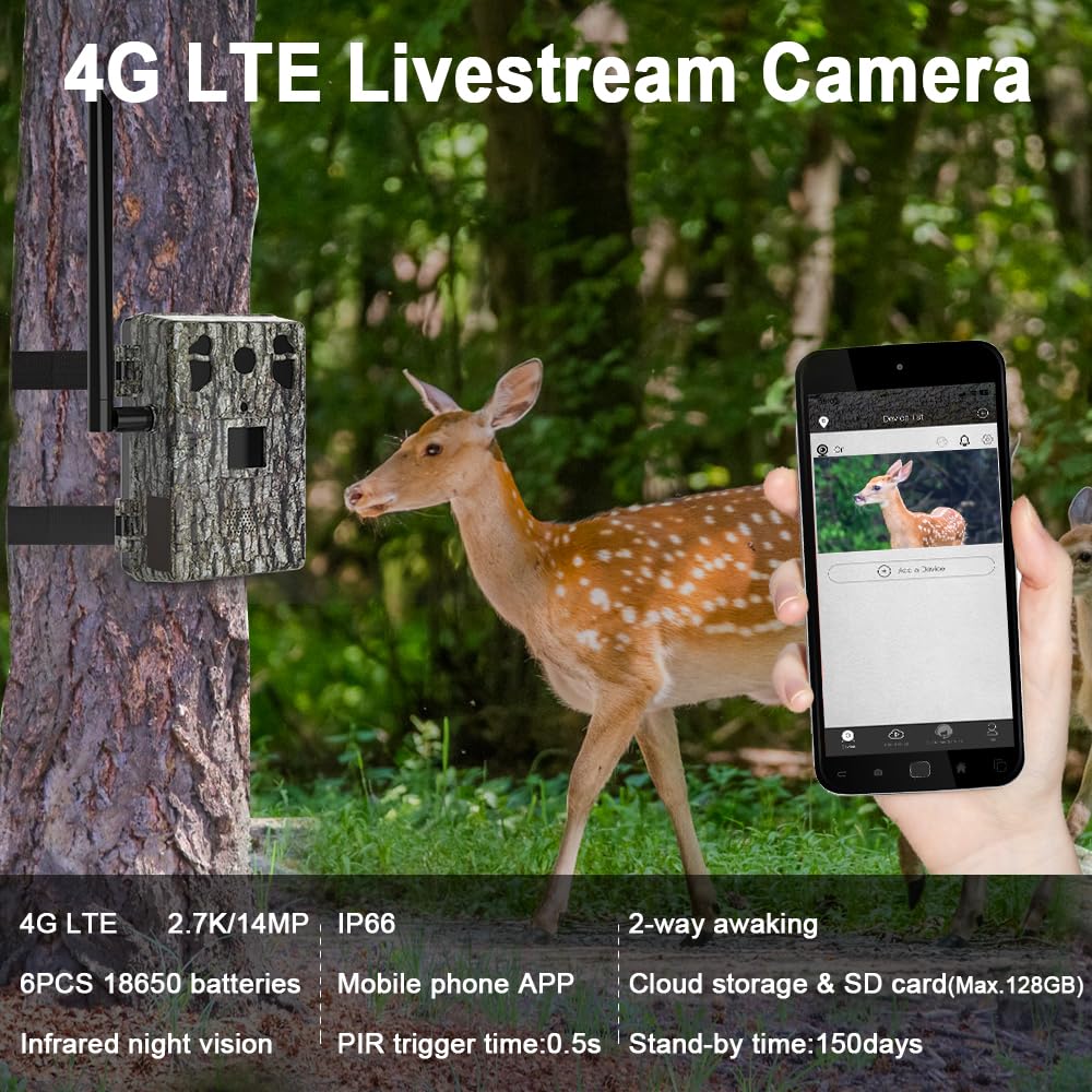 TKSTAR Wildkamera Bewegungsmelder Nachtsicht Wild-Tier-Kamera/Handyübertragung LTE 4G SIM-Karte LIVE APP/Trail Jagd Outdoor Fotofalle Wildlife 6 x starker Akku Speicherkarten-Slot (Braun/Grün)