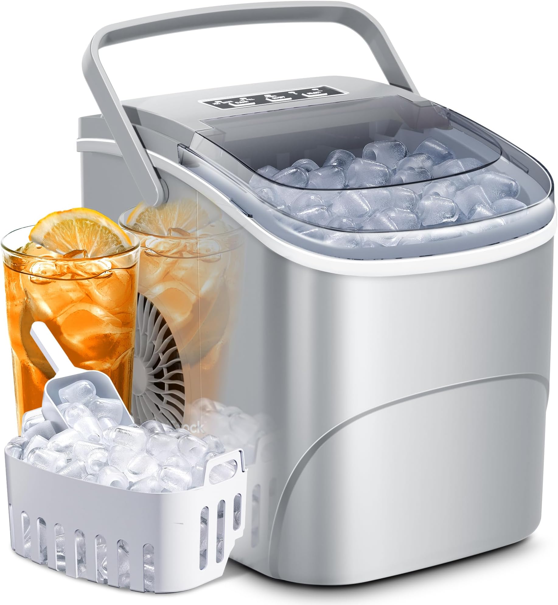 AGLUCKY Ice Makers Countertop with Handle,26.5Lbs/24H,9 Cubes in 6 Mins,2 Sizes of Bullet Ice,Portable Machine with Self-Cleaning,Perfect for Home Kitchen(Grey)
