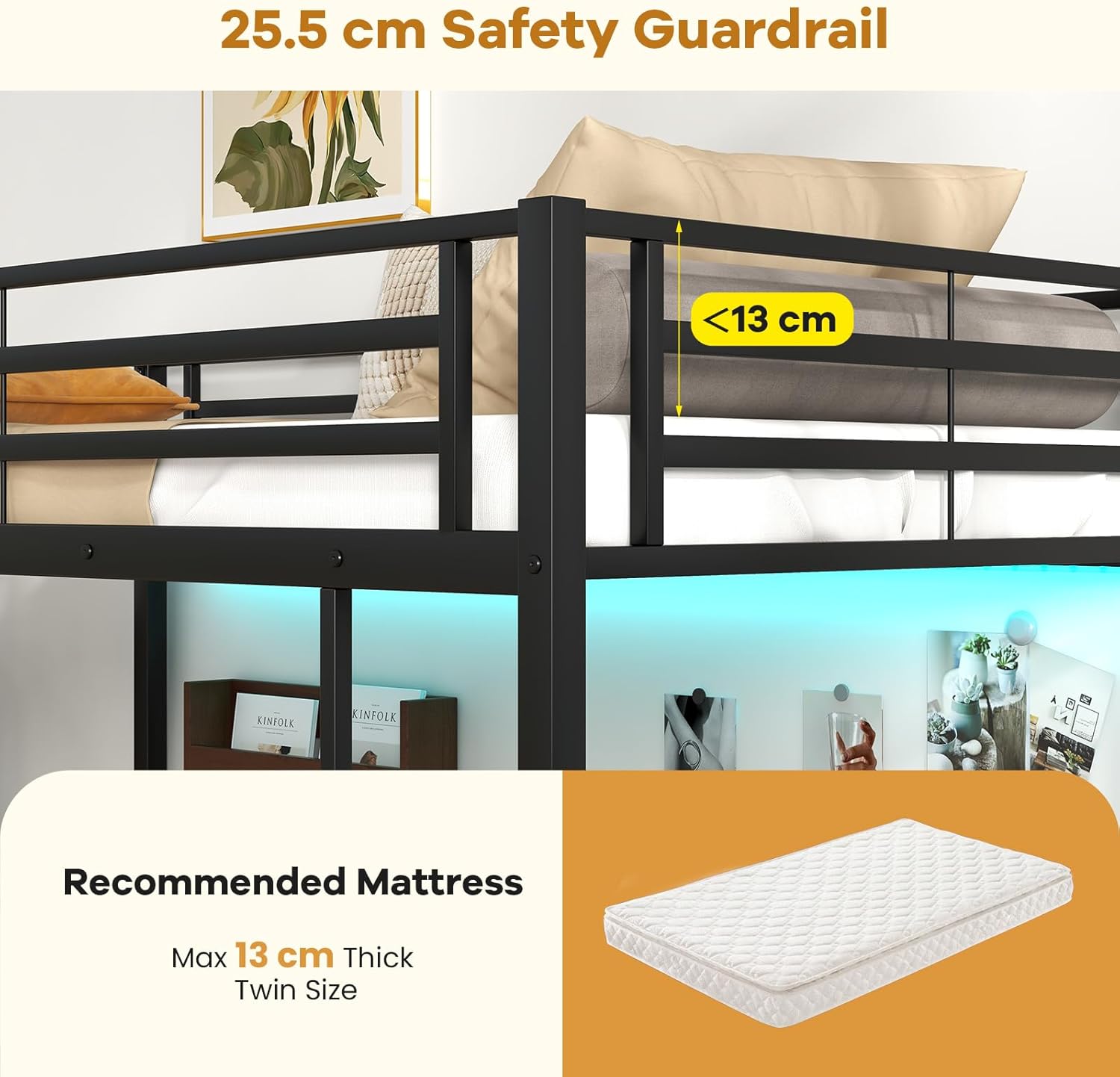 Giantex Twin Size Loft Bed with L-Shape Desk, LED Lights, Charging Station & 2 Storage Shelves, Metal Loft Bed with Safety Guardrail, No Box Spring Needed