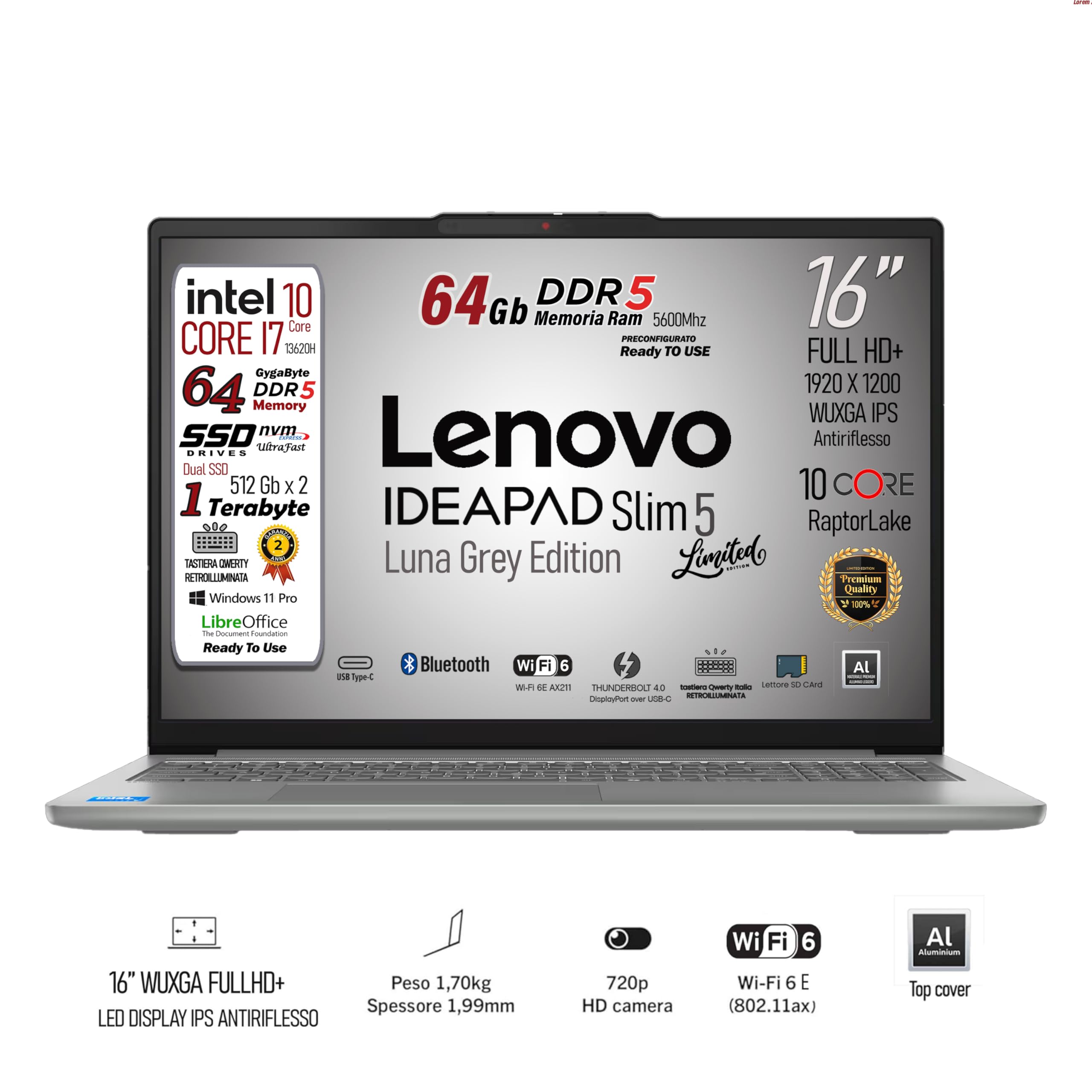 Lenovo, Ideapad 5Slim, pc portatile, i7 13620H 13Th, DDR5 64Gb, Display WUXGA 16" IPS FHD+, SSD 1Tb (2 X 512Gb), Wi-Fi 6, Bt, USB Thunderbolt, Tastiera retroilluminata, Win11 Pro, Pronto all'Uso
