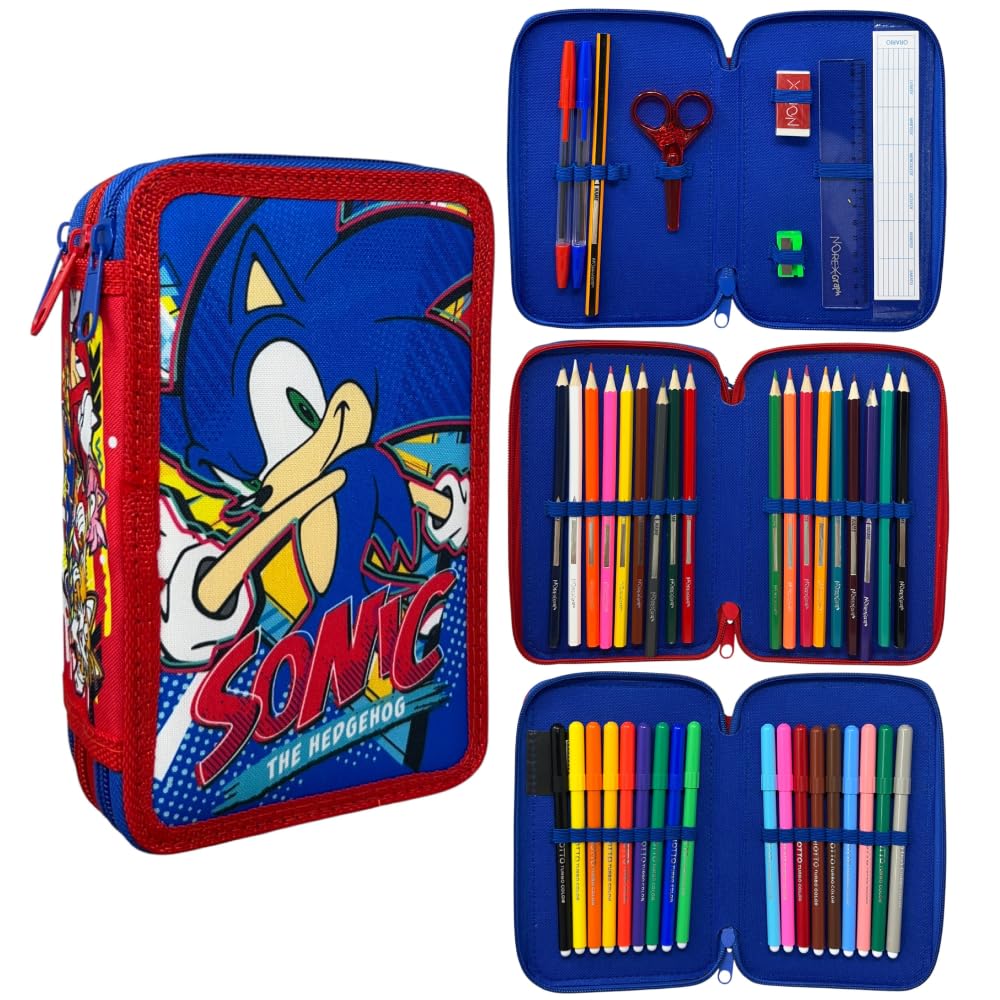 Astuccio Sonic triplo completo 44 pezzi cancelleria scuola penne matite colori pennarelli Giotto