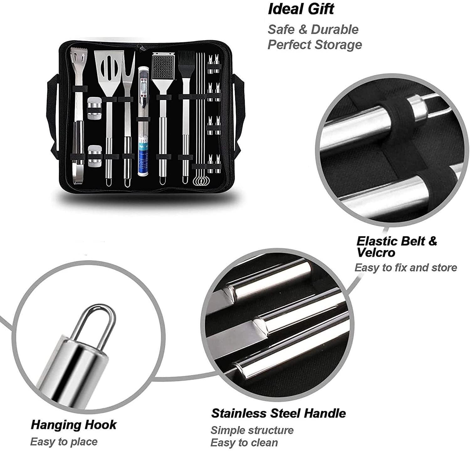 MRKU Grillbesteck-Set, Grillzubehör aus Edelstahl, 20-teiliges Outdoor-Grillset, tragbares Grillbesteck, Grillwerkzeuge in Lebensmittelqualität