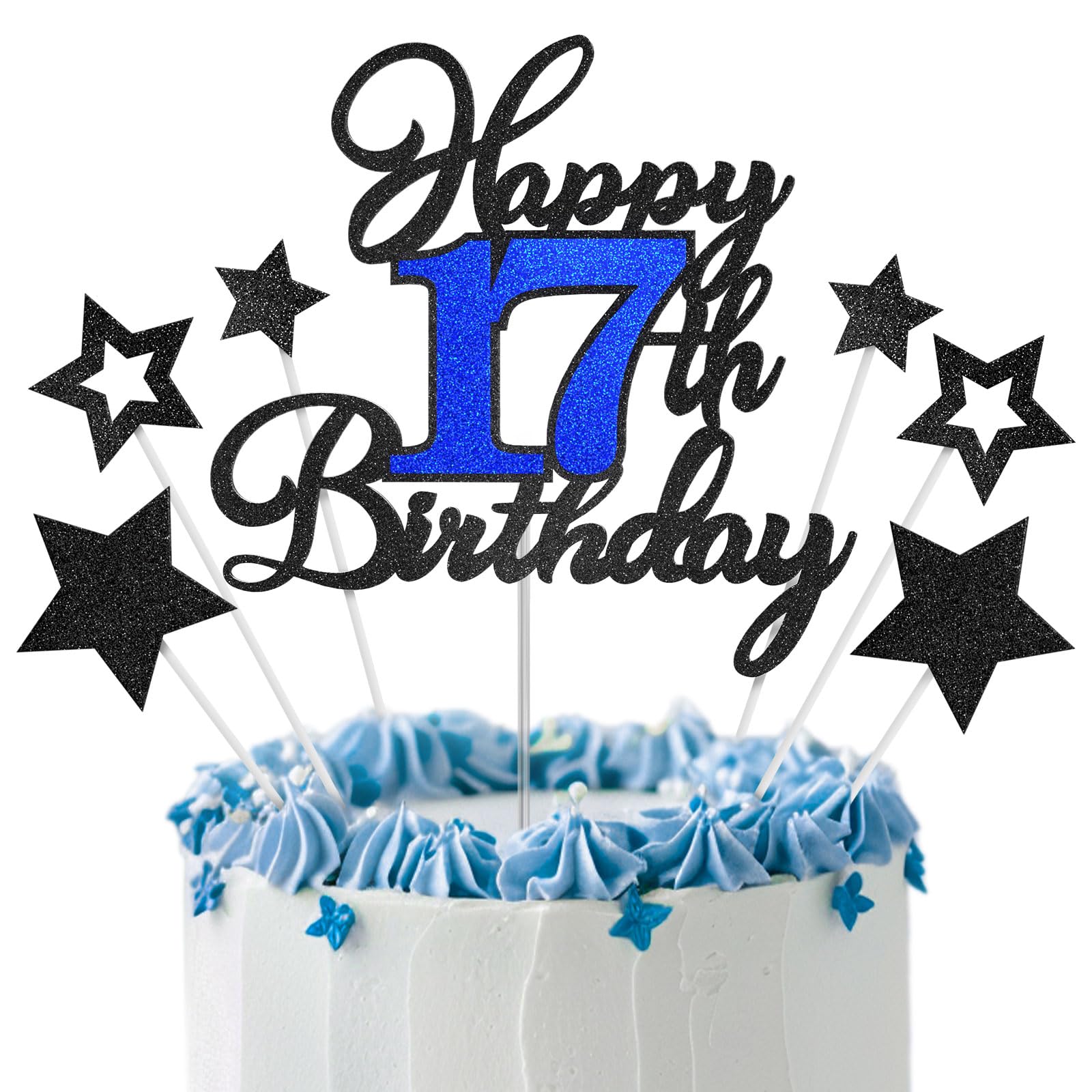 17th Birthday Cake Topper, Black Blue Happy Birthday Cake Toppers for Boy Girl, 17 Years Old Birthday Party Supplies, Glitter Cake Decor, 17th Birthday Cake Decorations