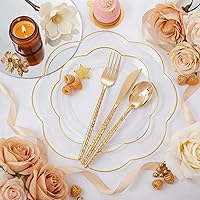 Vista 3 de LIYH 150 Pcs Clear Plastic Plates Plastic Dinnerware Set Gold Silverware Set Gold Flower Edge Easter Plates Include 30 (Dinner & Dessert) Plates,30