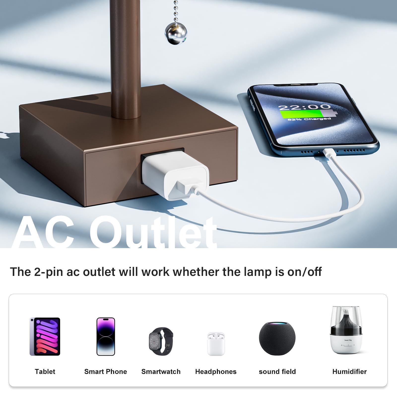 Juego de 2 lámparas de noche para dormitorio, lámpara rectangular pequeña con puerto de carga USB A C, luz de escritorio de 3 temperaturas de color con bombilla, lámpara de lectura de mesa marrón para