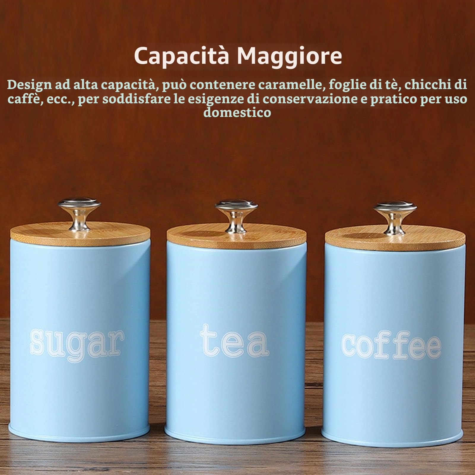 3 Contenitori in Metallo Stile Vintage, Barattoli Ermetici da, con Coperchi in Legno, Contenitori in Ferro, per tè, caffè, Zucchero (BLUE)